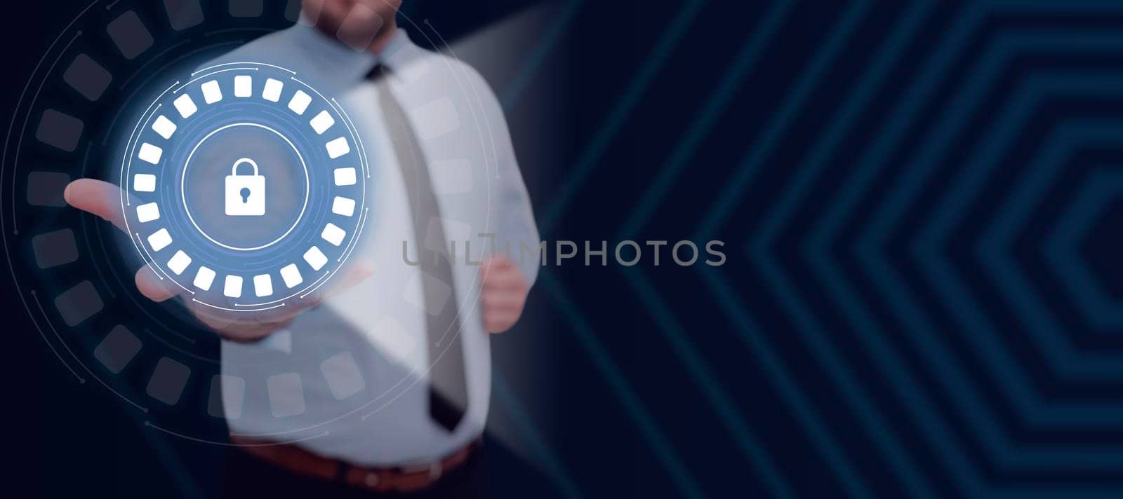 Businessman Extending Hand And Projecting A Digital Lock In A Futuristic Round Design. Standing Man In A Necktie Showing Encrypted Messages In A Secured Network. by nialowwa