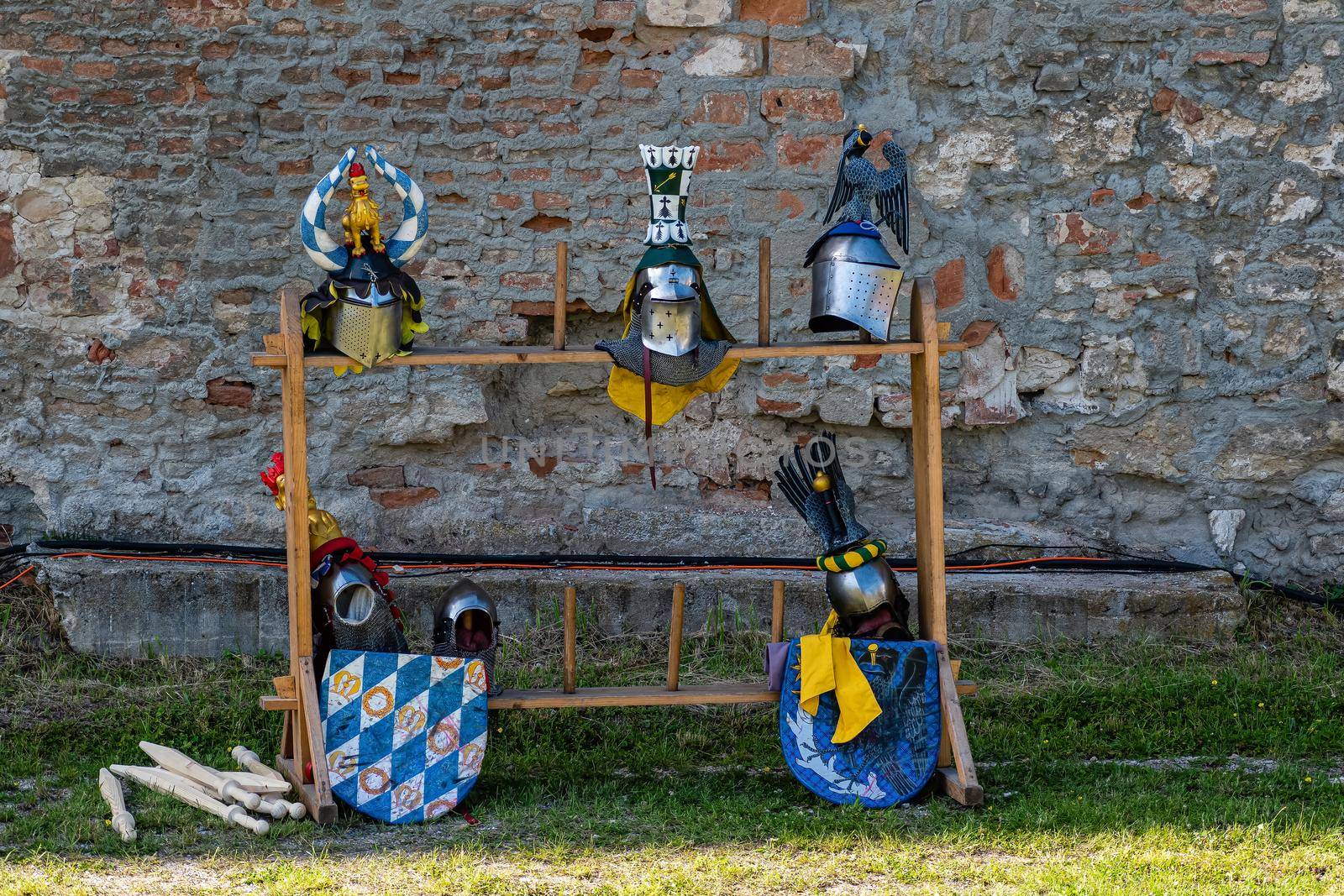 exhibited replicas of historical knightly helmets and shield by rostik924
