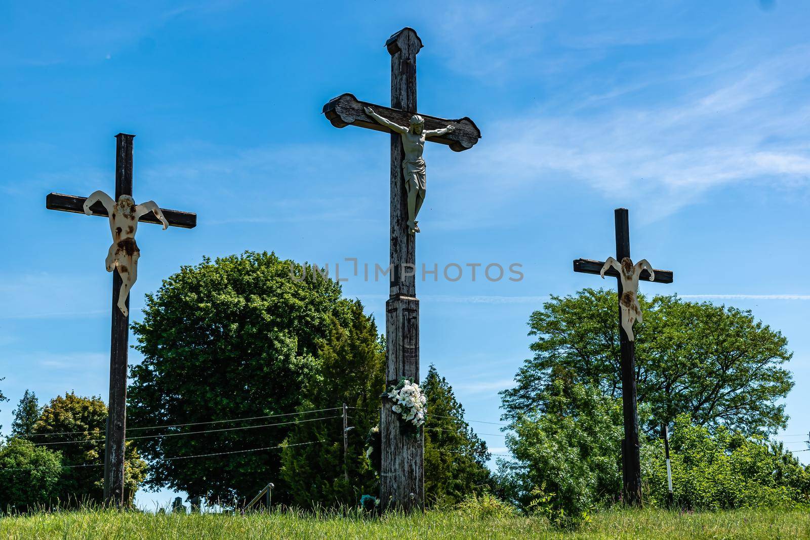 Holic, Slovakia - June 18, 2022 Calvary Three Crosses of the Crucifixion of Christ in Holic