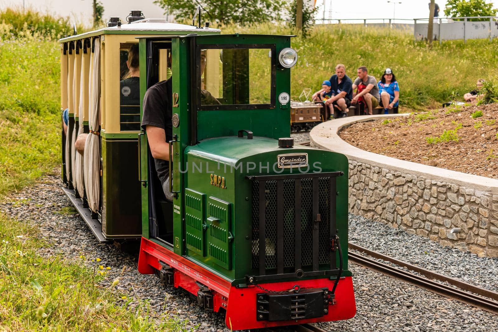 Czech Republic Brno Jun 4, 2022 A small electric train for children near the Olympia shopping center in Brno, Czech Republic