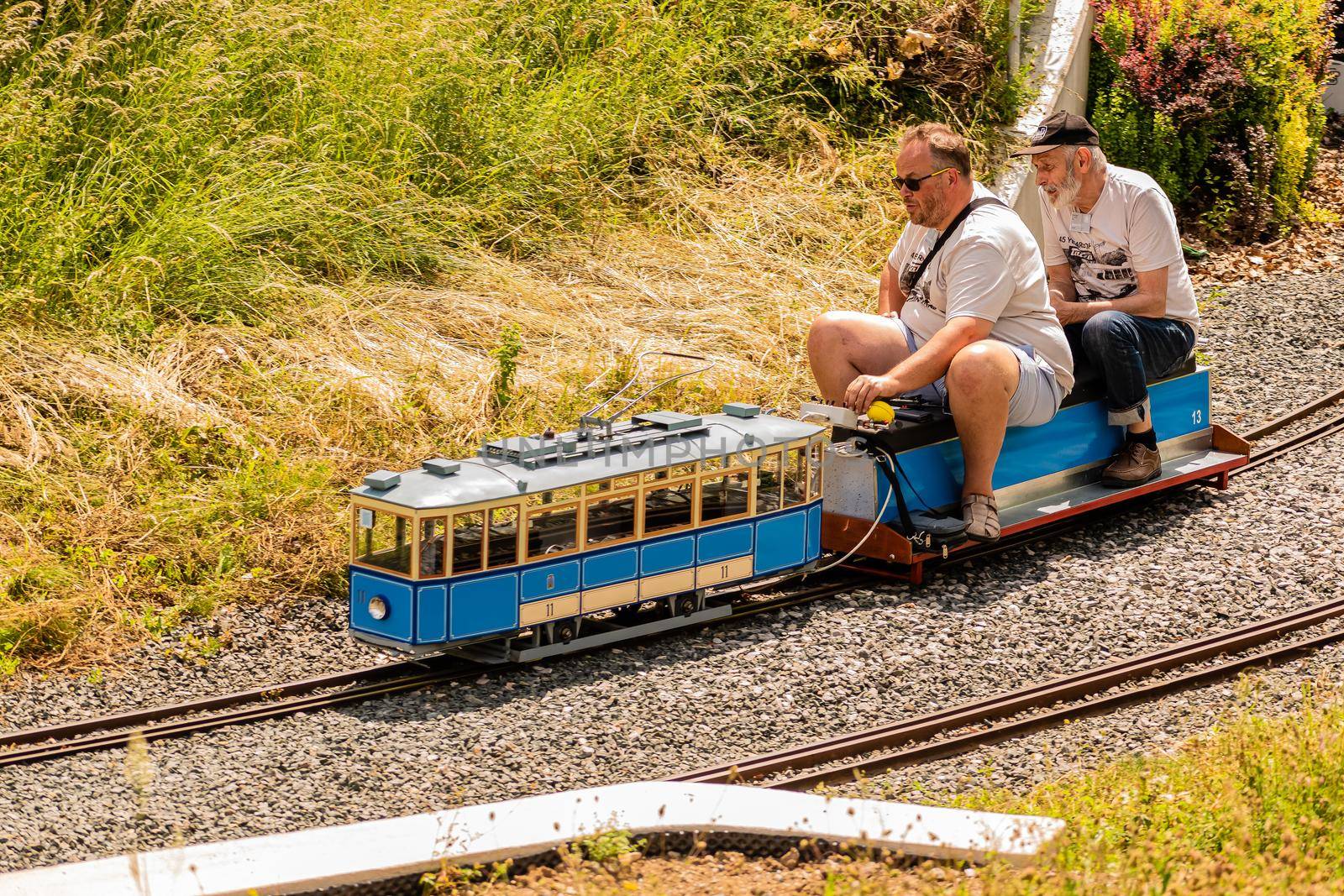 A pair of people drive a model of a tram in a park railway by rostik924