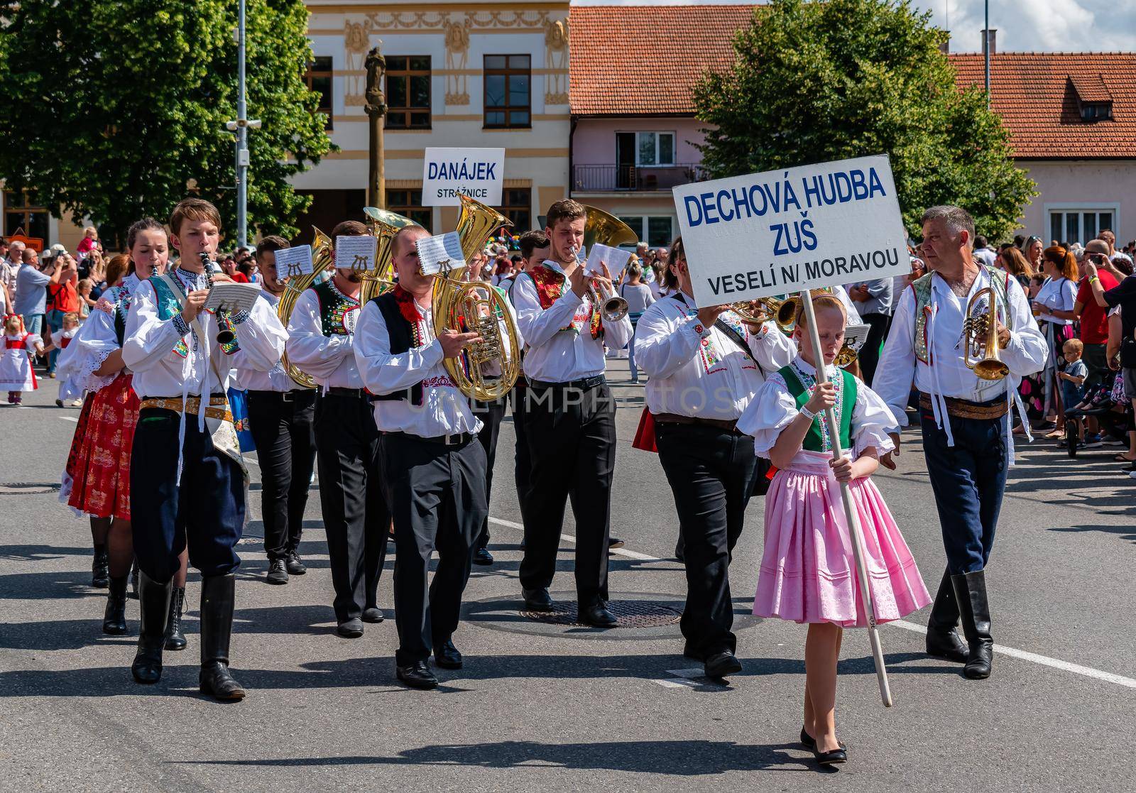 Straznice, Czech Republic - June 25, 2022 International Folklore Festival. Brass music Veseli nad Moravou in folk costumes
