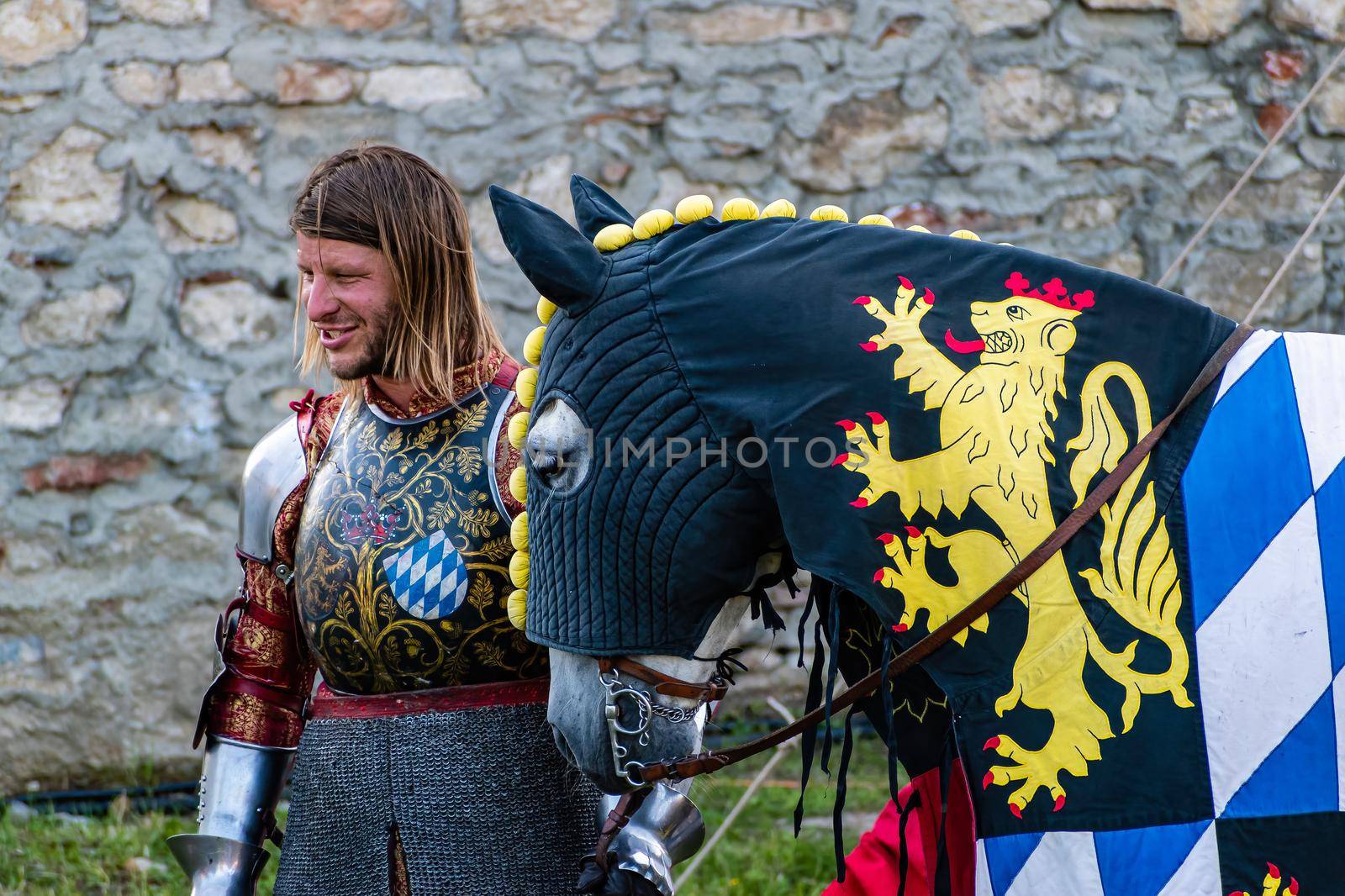 WYWAR CASTLE FEST, demonstrations of knightly fights Knight with his horse at the end of the tournament