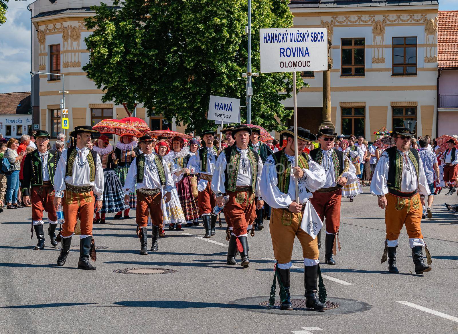 Straznice, Czech Republic - June 25, 2022 International Folklore Festival. Male folklore choir in procession at the festival