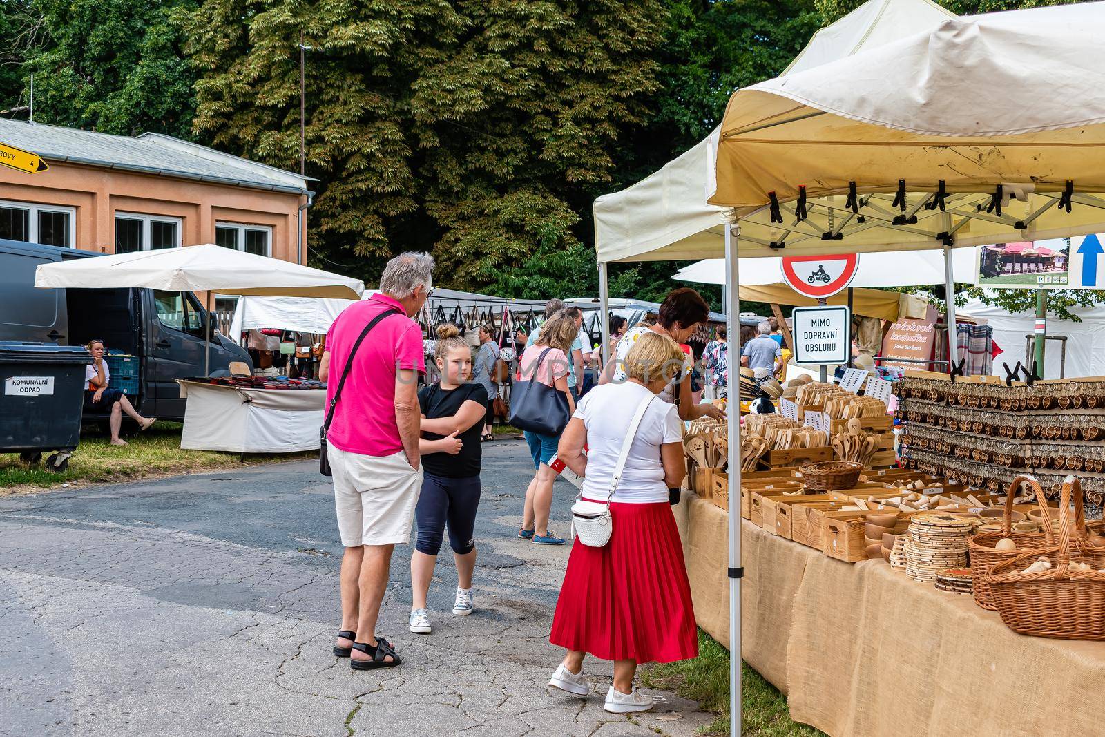 Straznice, Czech Republic - June 23, 2022 International Folklore Festival sales stalls and shoppers at the festival