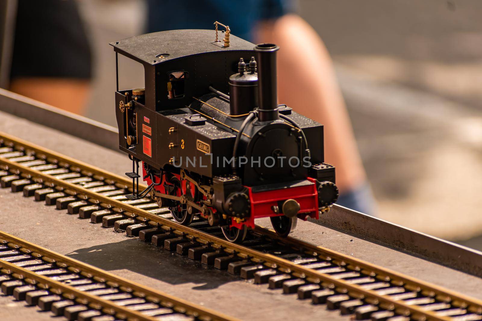 Brno Czech Republic - June 4, 2021 A small model of a steam locomotive on rails