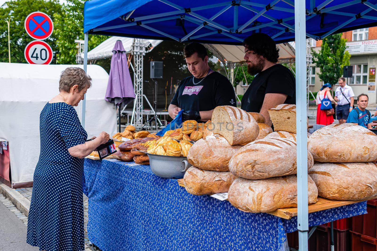 Straznice, Czech Republic - June 23, 2022 International Folklore Festival Sales stand with home baked bread