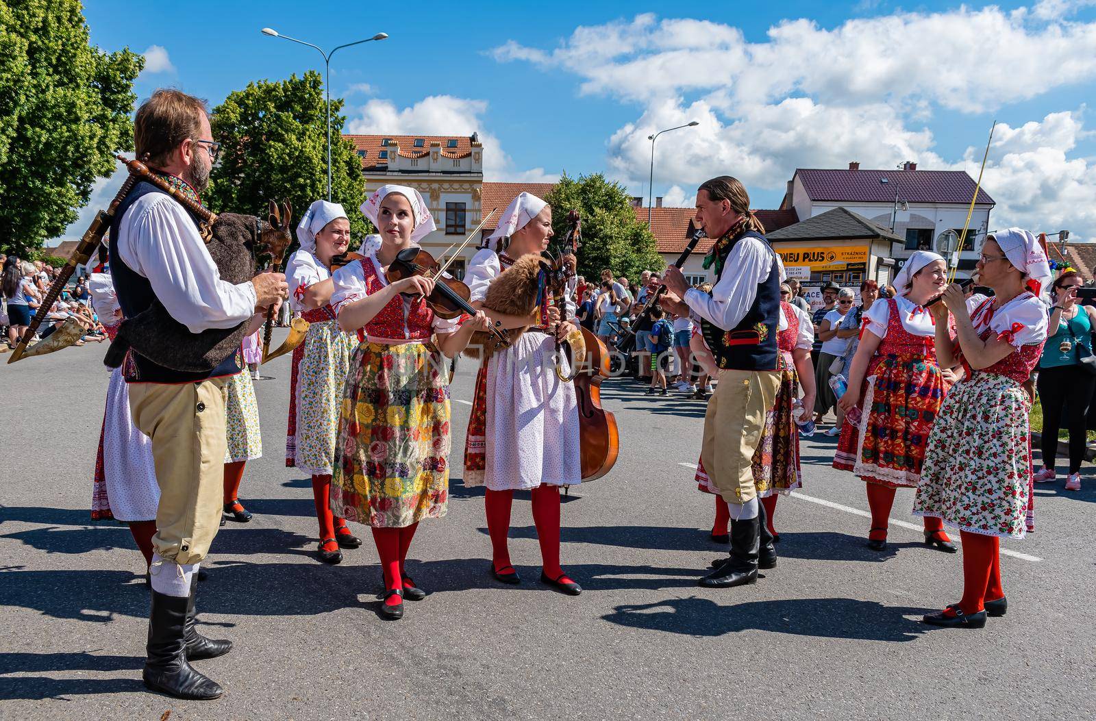 Straznice, Czech Republic - June 25, 2022 International Folklore Festival. Folk music with a bagpiper in the pipeline at the festival