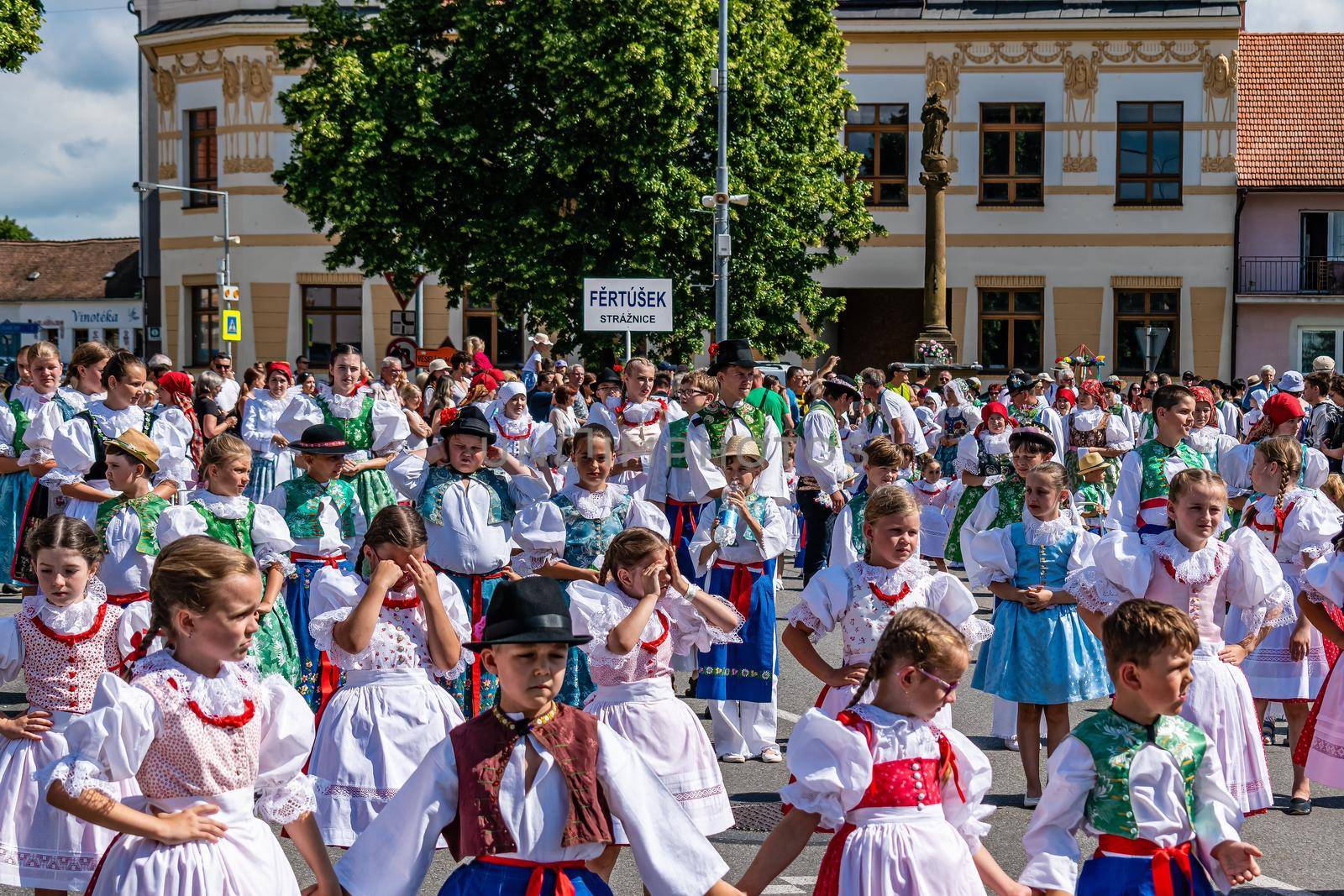 Straznice, Czech Republic - June 25, 2022 International Folklore Festival. Many children in folk costume take part in the festival