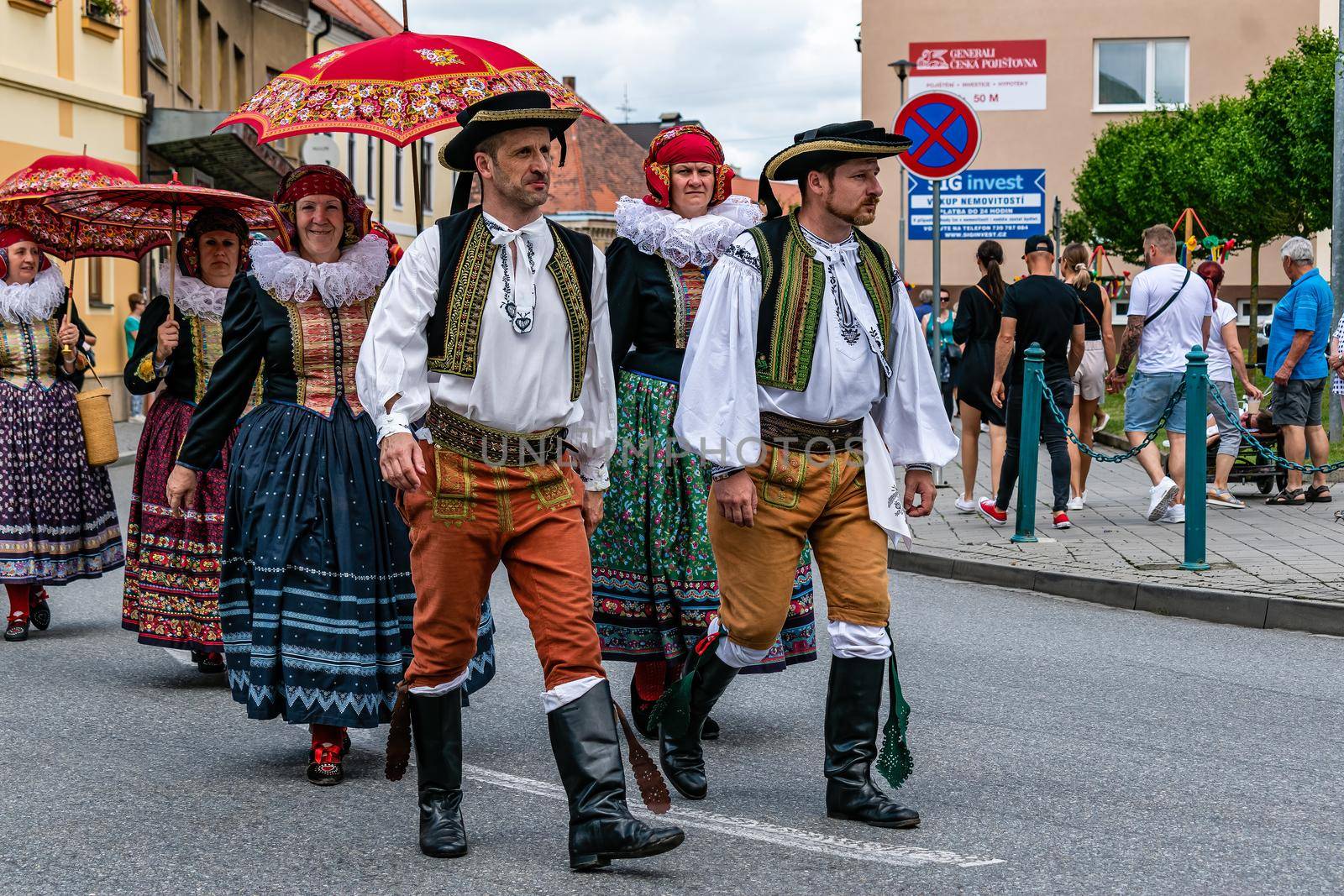 Straznice, Czech Republic - June 23, 2022 International Folklore Festival Men and women in festive costumes at the festival