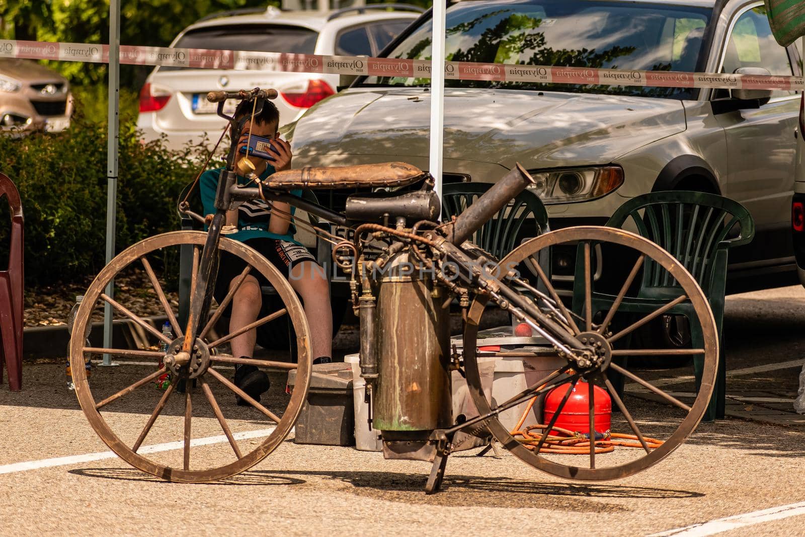 Brno Czech Republic - June 4, 2021 Roper steam motorcycle, a replica of a historic vehicle