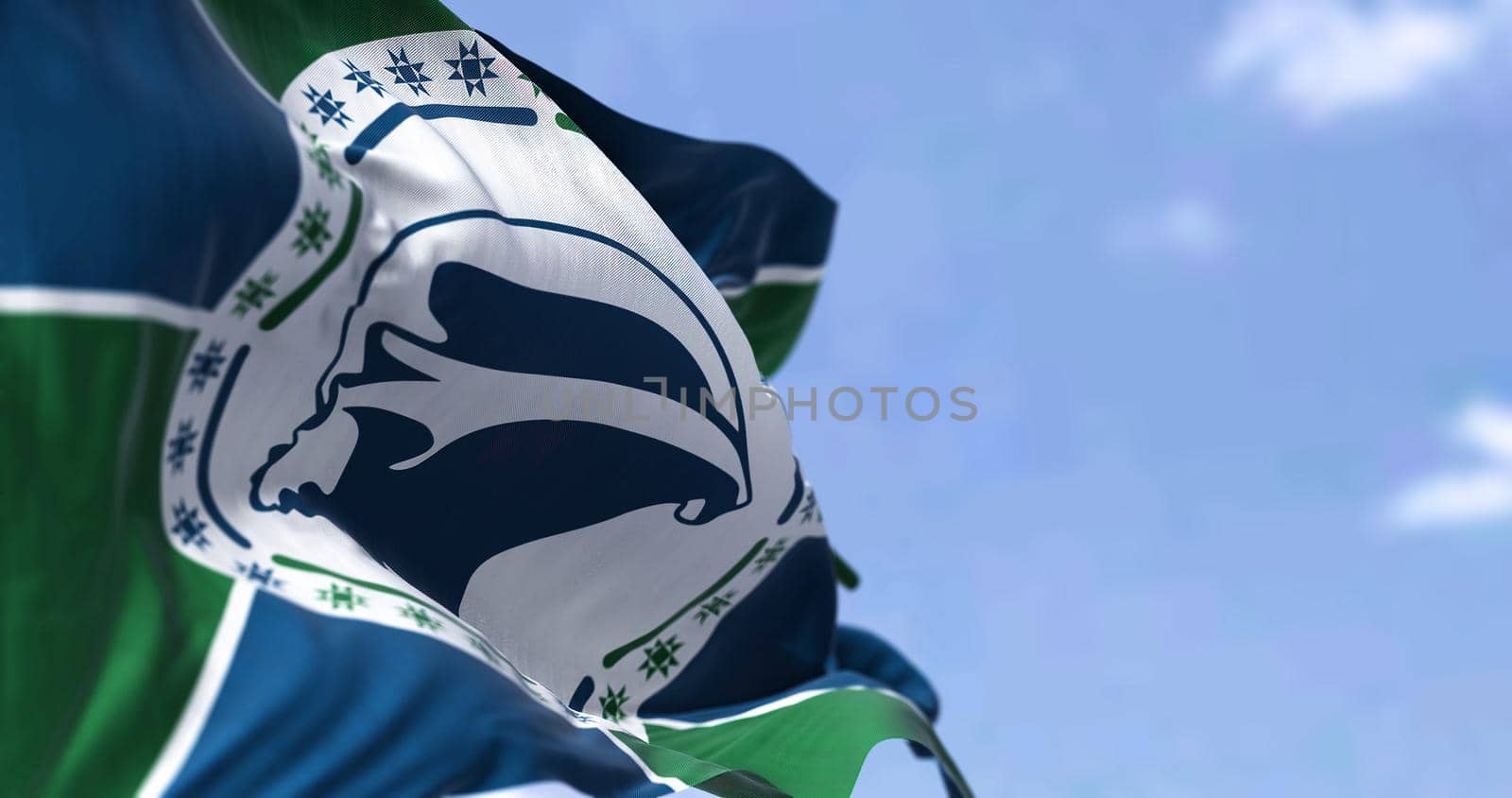 Flag of Martinique waving in the wind on a clear day. Martinique is an island of the Antilles, French overseas department