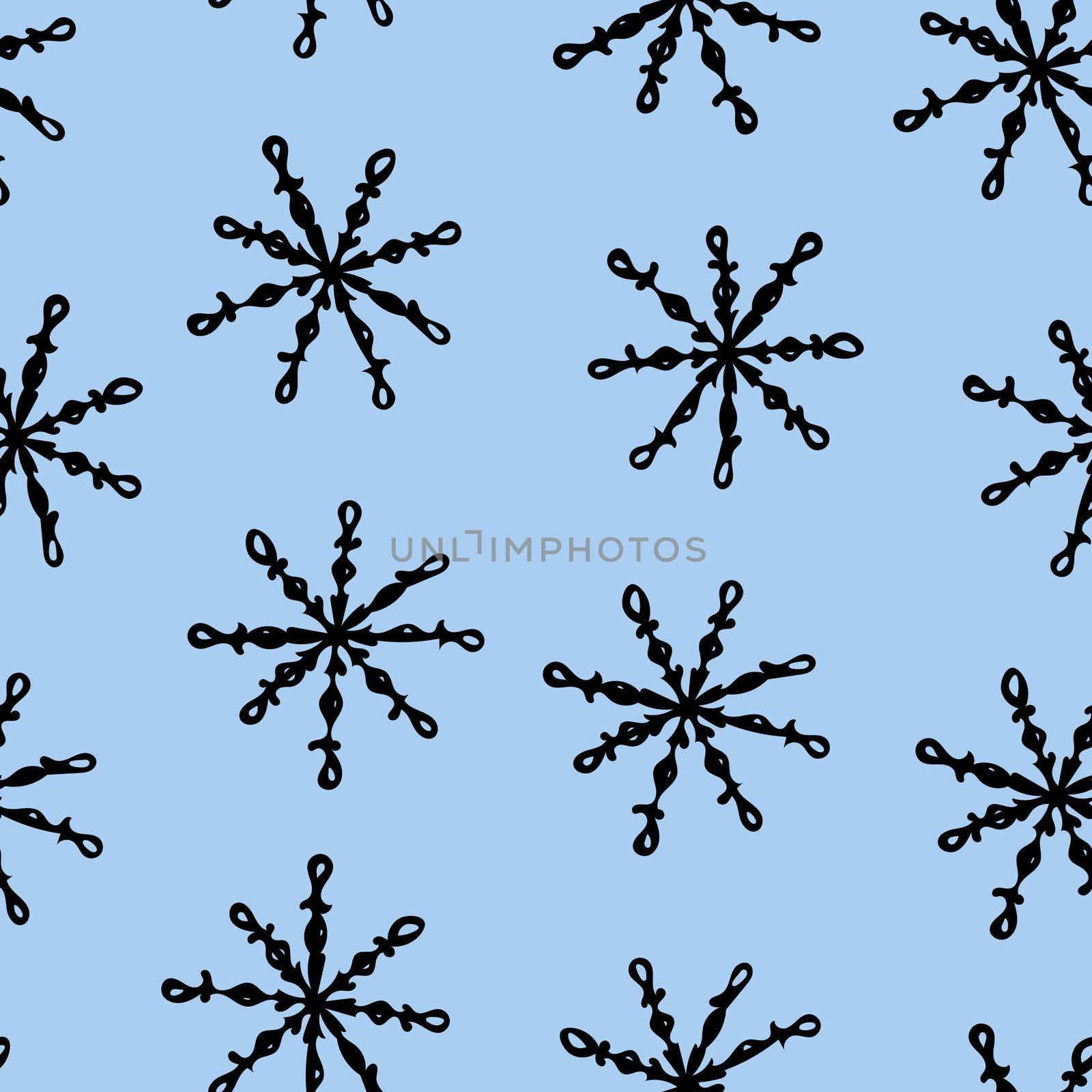 Seamless Pattern with Black Snowflakes on Light Blue Background. Abstract Hand-Drawn Doodle Snowflakes.