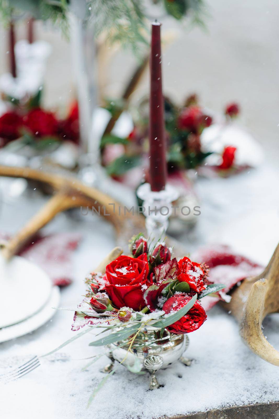Winter Wedding decor with red roses by wolfhound9111