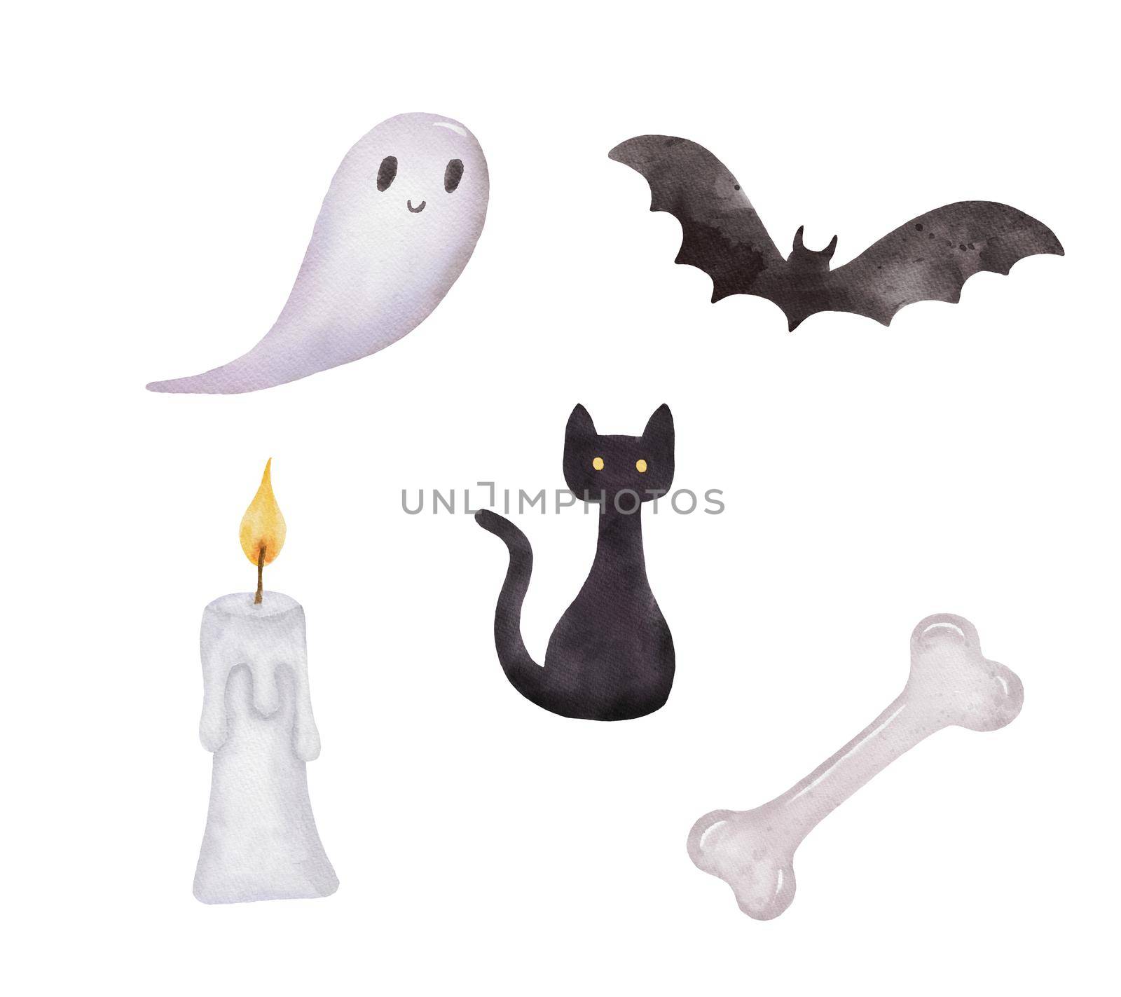 Watercolor ghost, bat and black cat. Set of Illustrations for Halloween isolated on white by ElenaPlatova