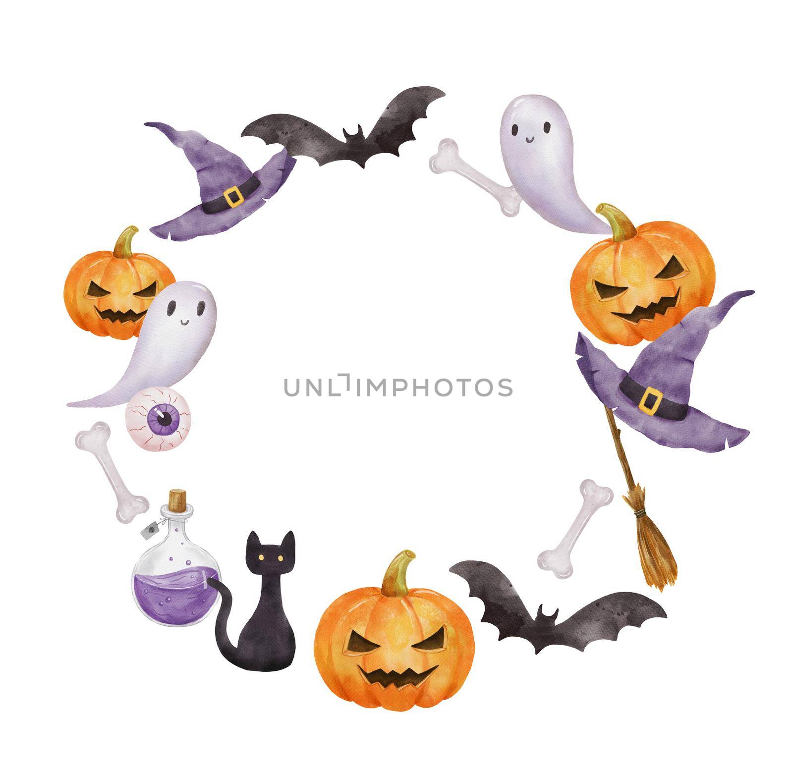 Halloween round frame with bat, ghost and pumpkin. Watercolor Drawing wreath isolated on white. by ElenaPlatova