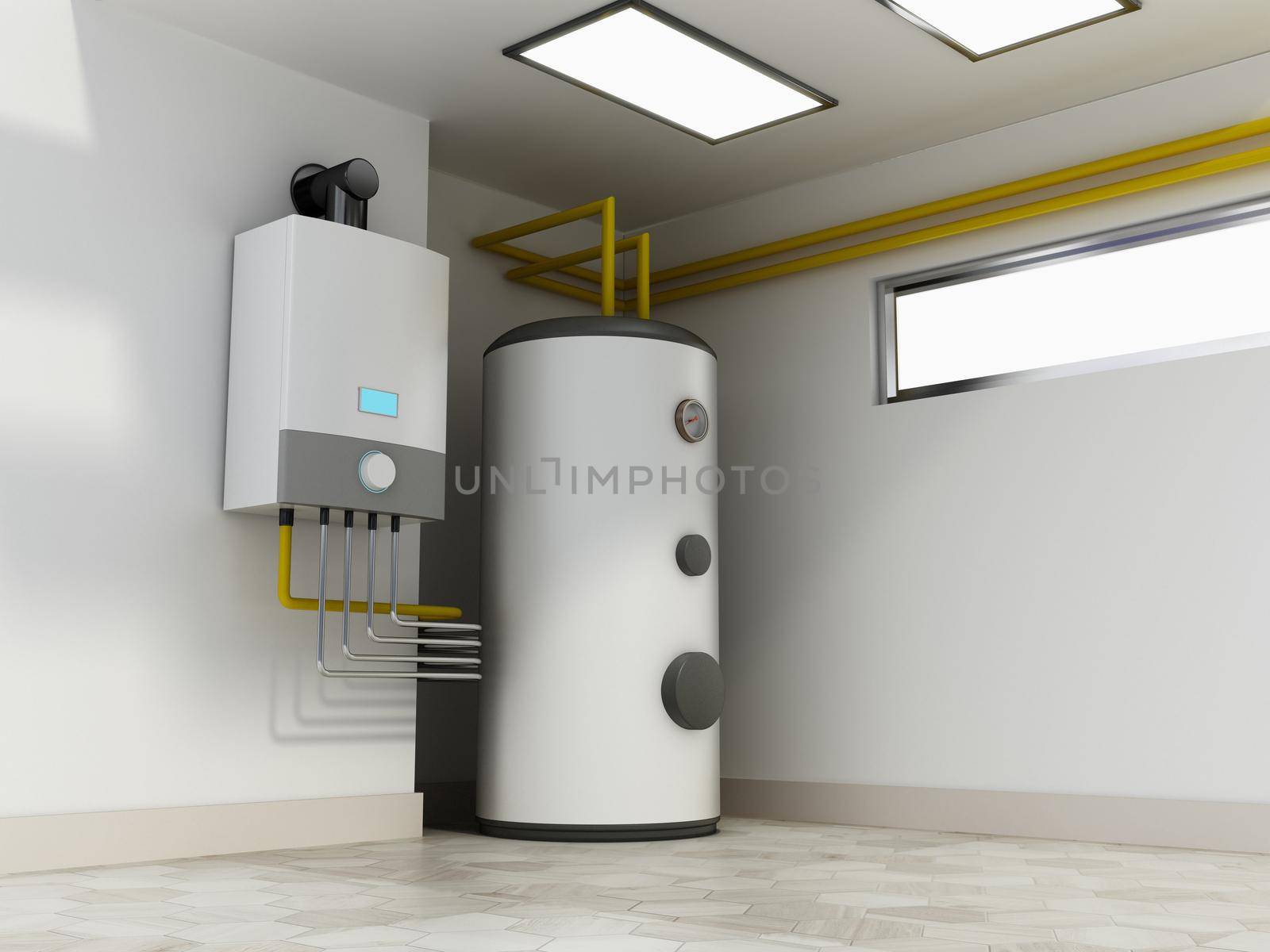 Electric water heaters connected with industrial water pipes. 3D illustration by Simsek