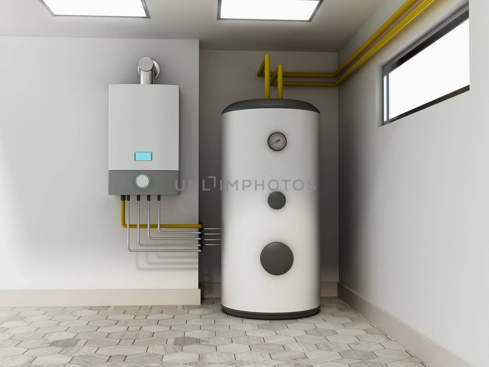 Electric water heaters connected with industrial water pipes. 3D illustration by Simsek