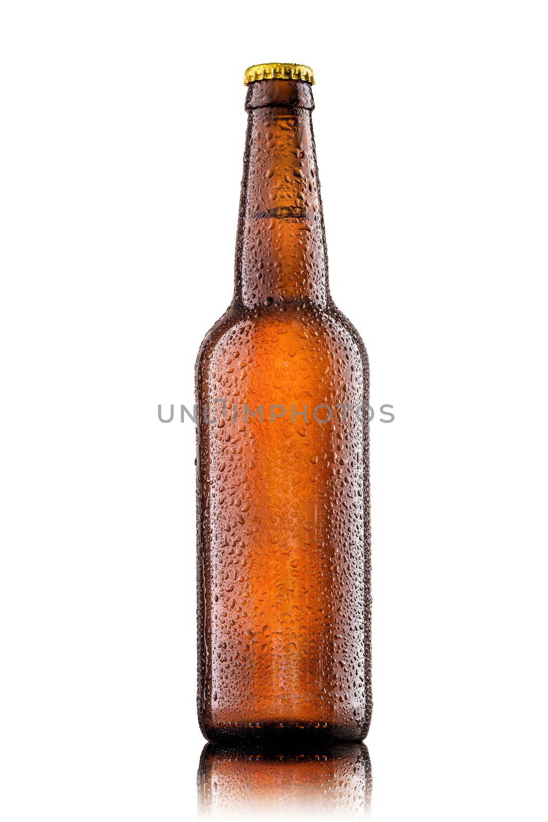 Bottle of beer with drops on white background. by nazarovsergey