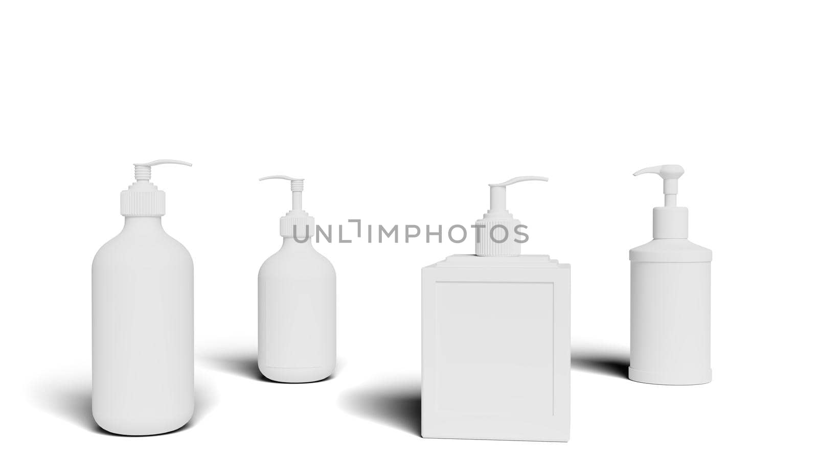 Set white cosmetic bottles packaging mockup, ready for your design, illustration. 3d rendering