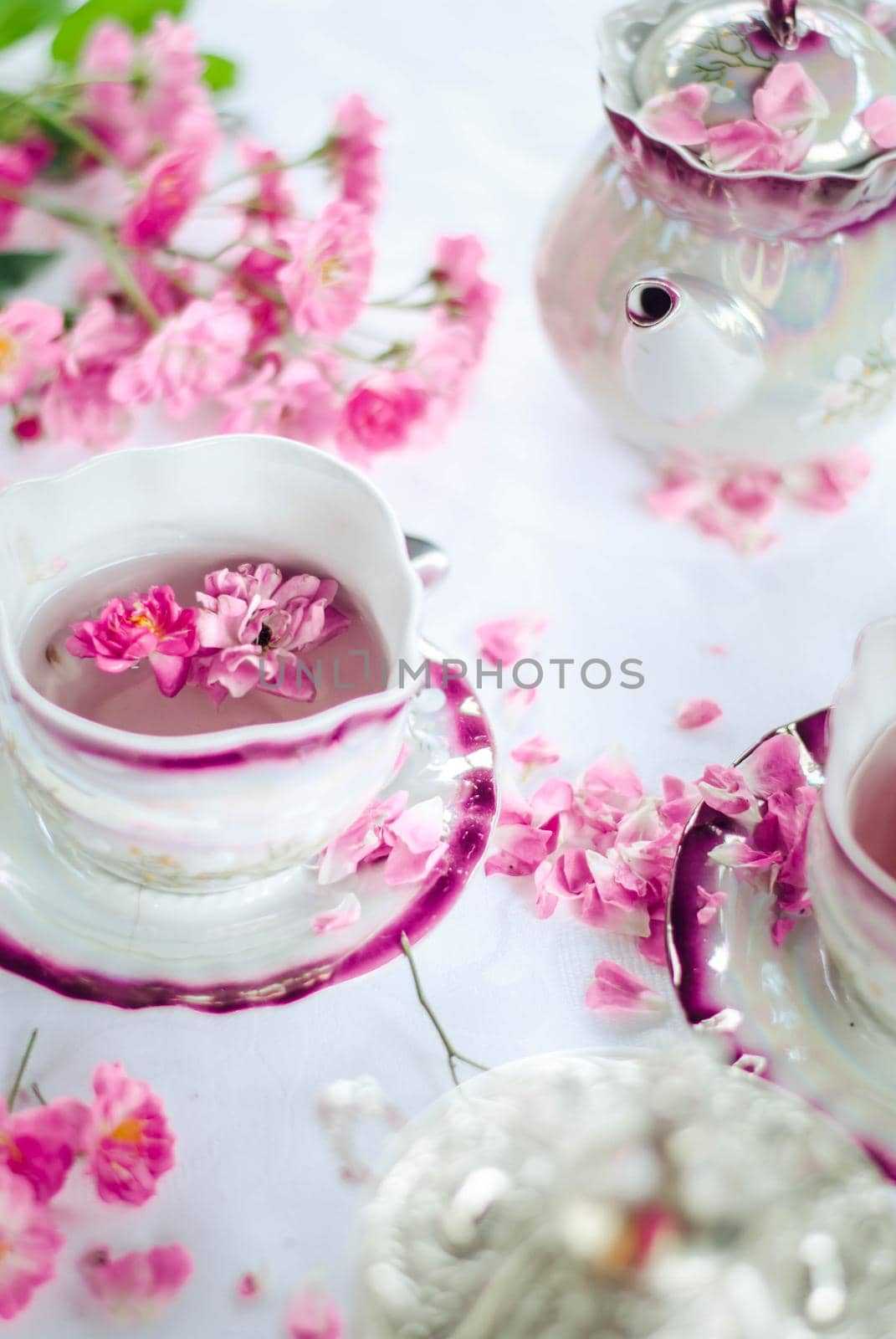 retro porcelain cup of hot rose tea. High quality photo