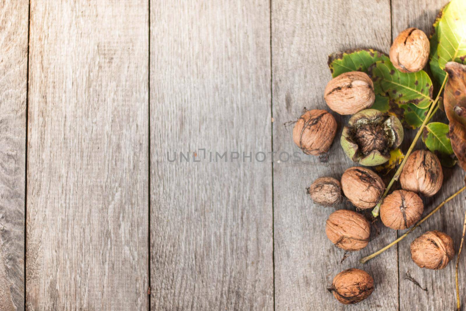 walnut on wooden background with leaves and nutshell crached