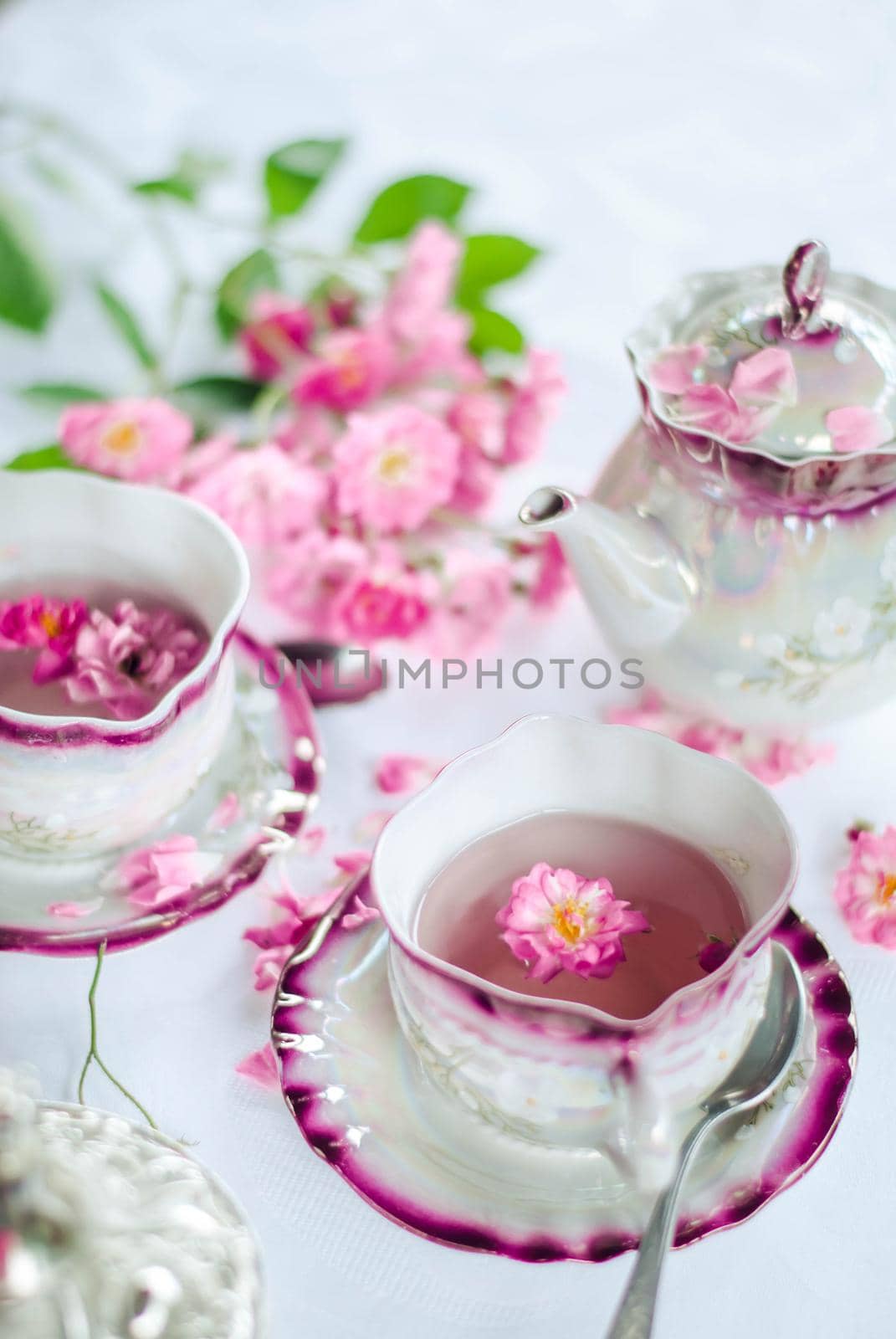 retro porcelain cup of hot rose tea. High quality photo