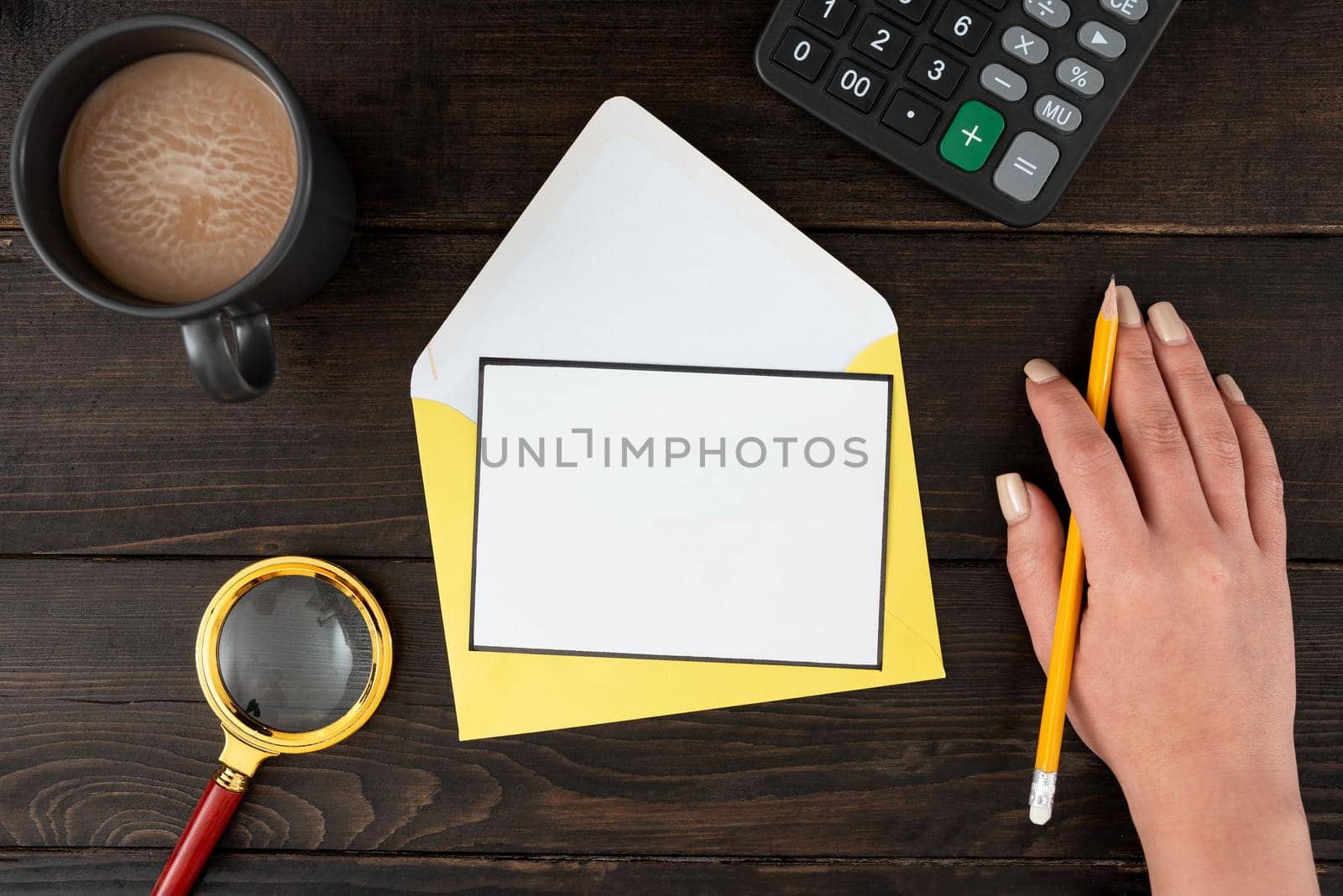 Woman With Blank Letter, Coffee And Stationery Over Wooden Table.