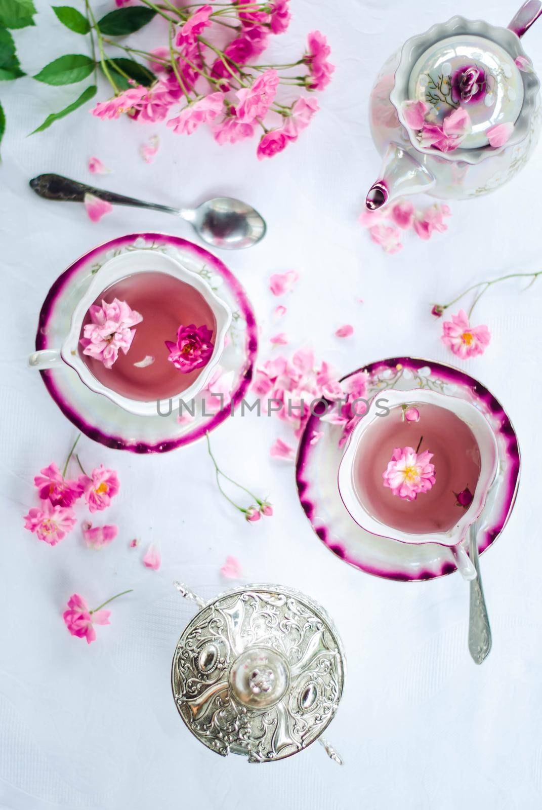 retro porcelain cup of hot rose tea. High quality photo