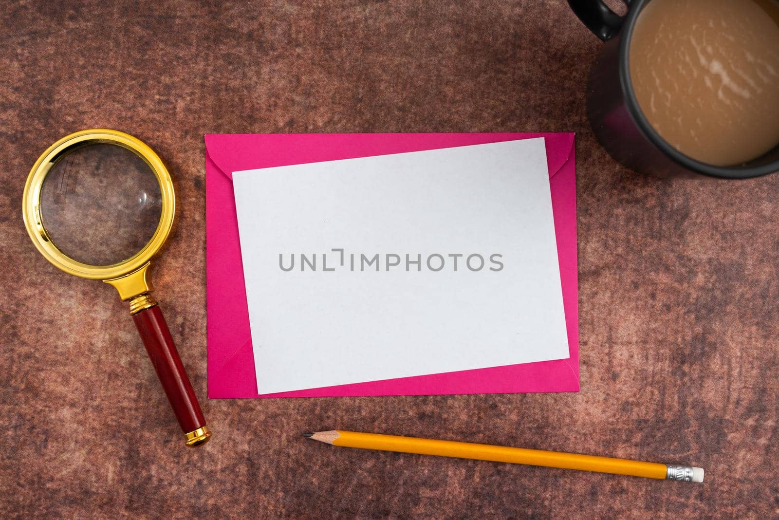 Letter With Envelope And Magnifying Glass Presenting Business Research.