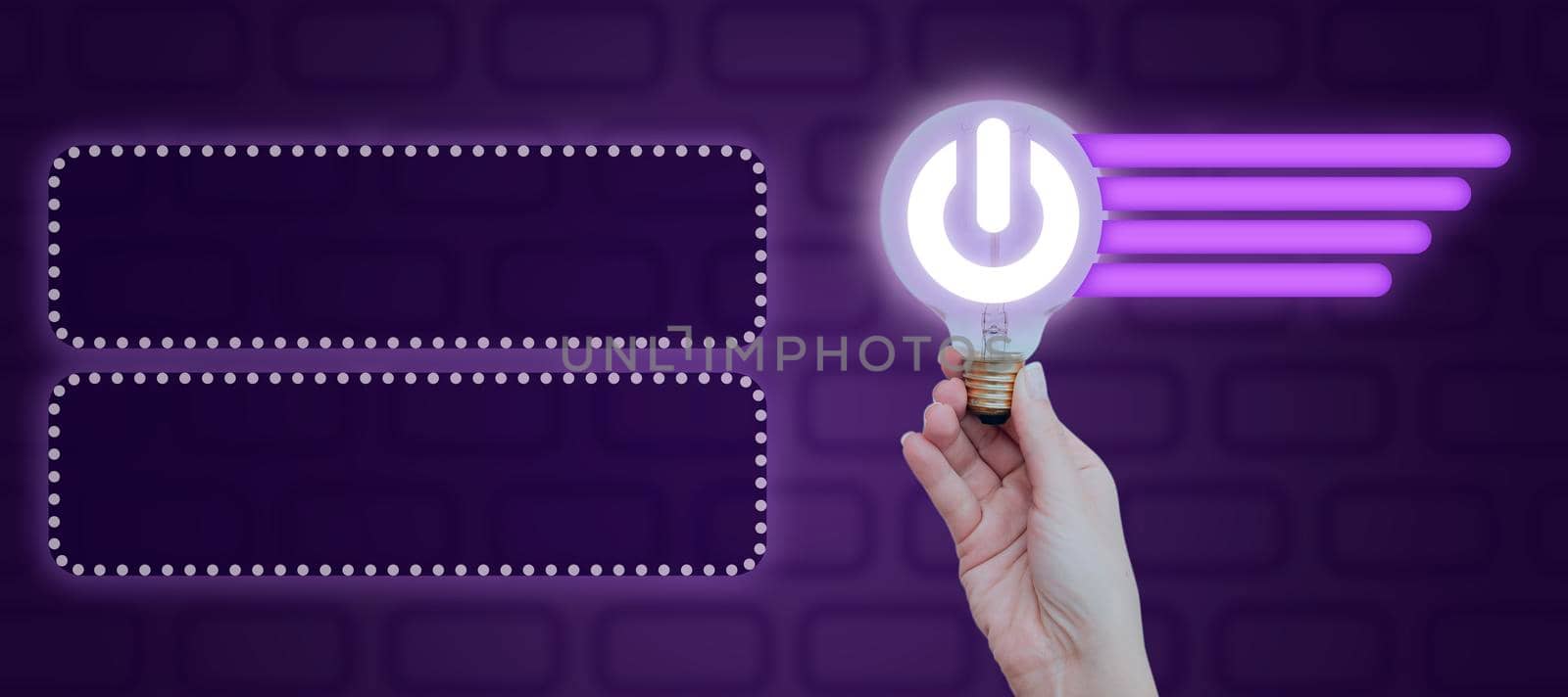 Hand Of Woman Holding Light Bulb With Graphical Power Button With Graphs And Frames. Businesswoman Presenting New Ideas And Information For Business Development. by nialowwa