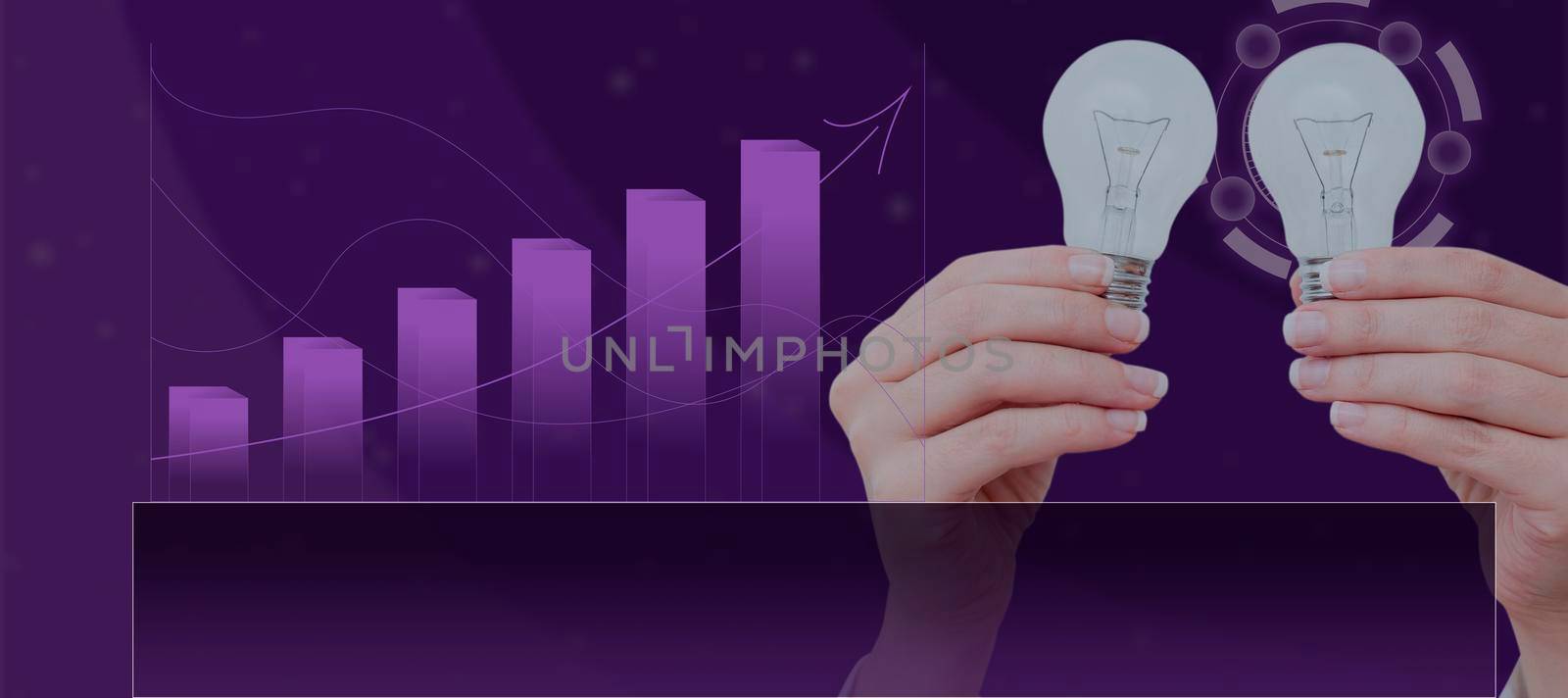 Hands Of Businesswoman Holding Light Bulbs By Digital Bar And Lines Graphs With Arrow Moving Up. Woman Presenting New Ideas And Graphical Box For Branding And Promotion. by nialowwa