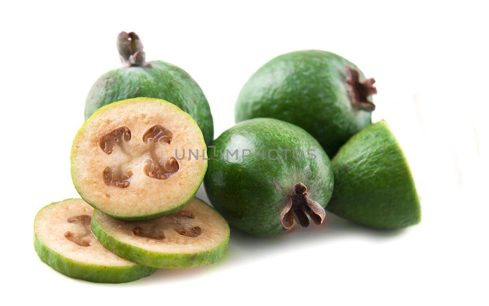 Tropical fruit feijoa Acca sellowiana isolated on white background