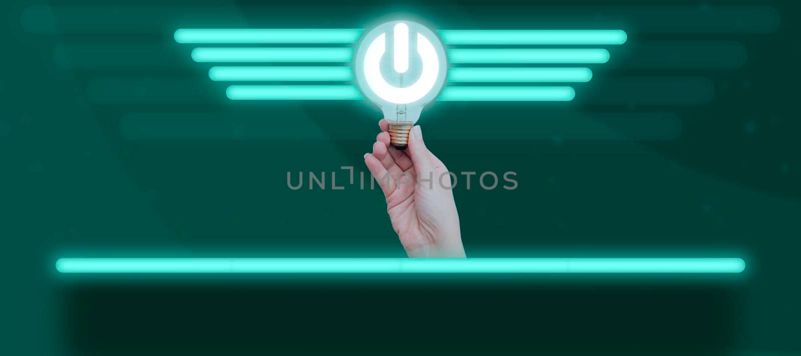 Hand Of Businesswoman Holding Illuminated Light Bulb With Graphical Power Button And Bar Graphs Displaying. Woman Presenting Financial Data And New Ideas For Growth. by nialowwa