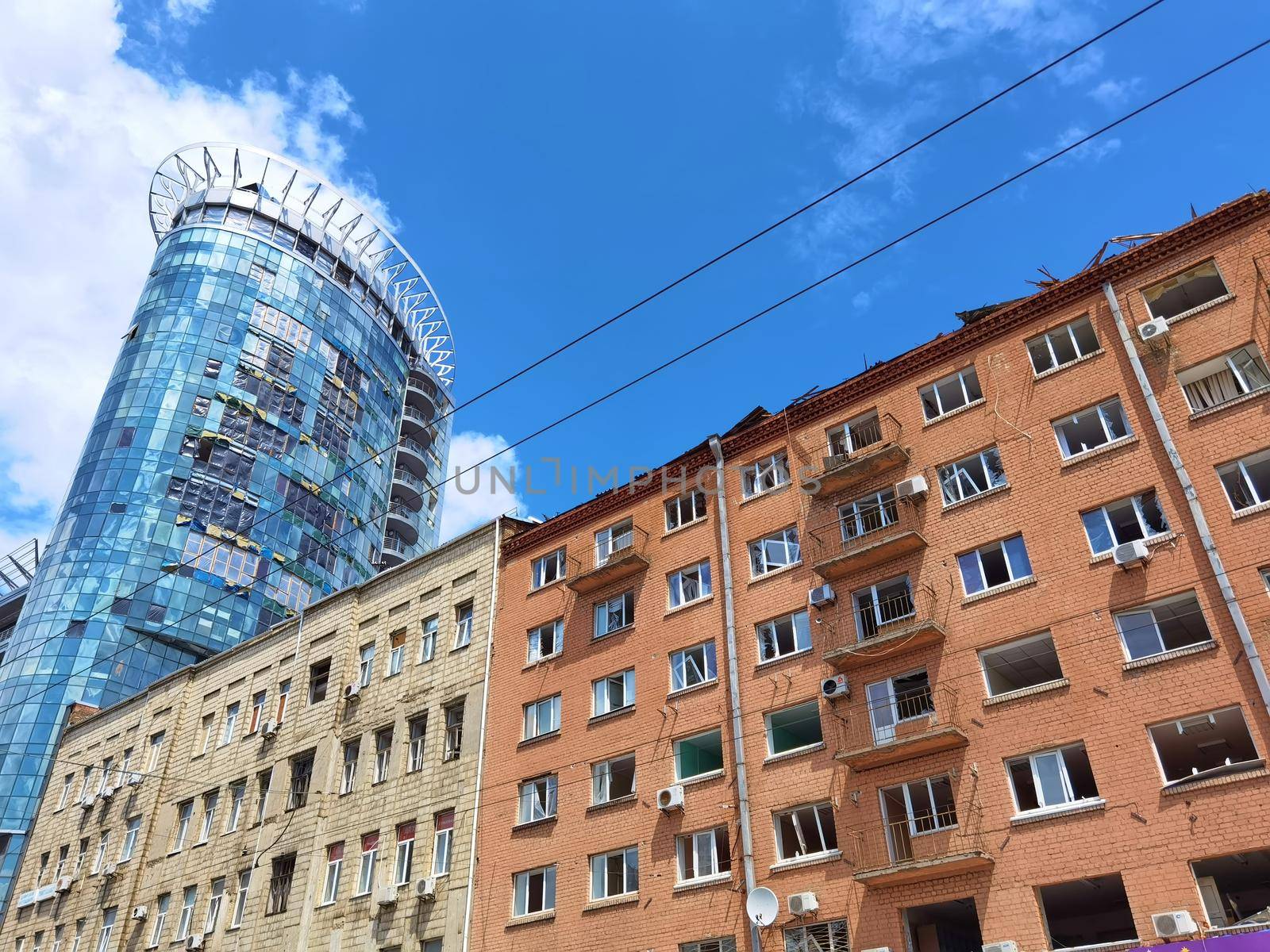 Kyiv, Ukraine - July 10, 2022: The building renovation after Russian rocket attack on Kyiv.