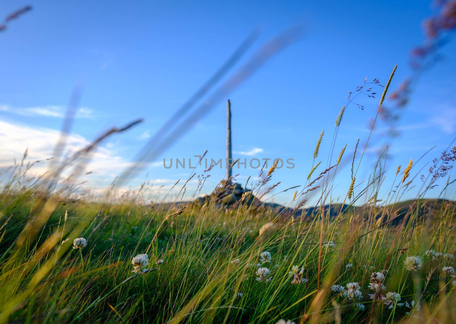 Rural Image Of A Hilltop Cairn In Scotland With The Focus On Grasses In The Foreground