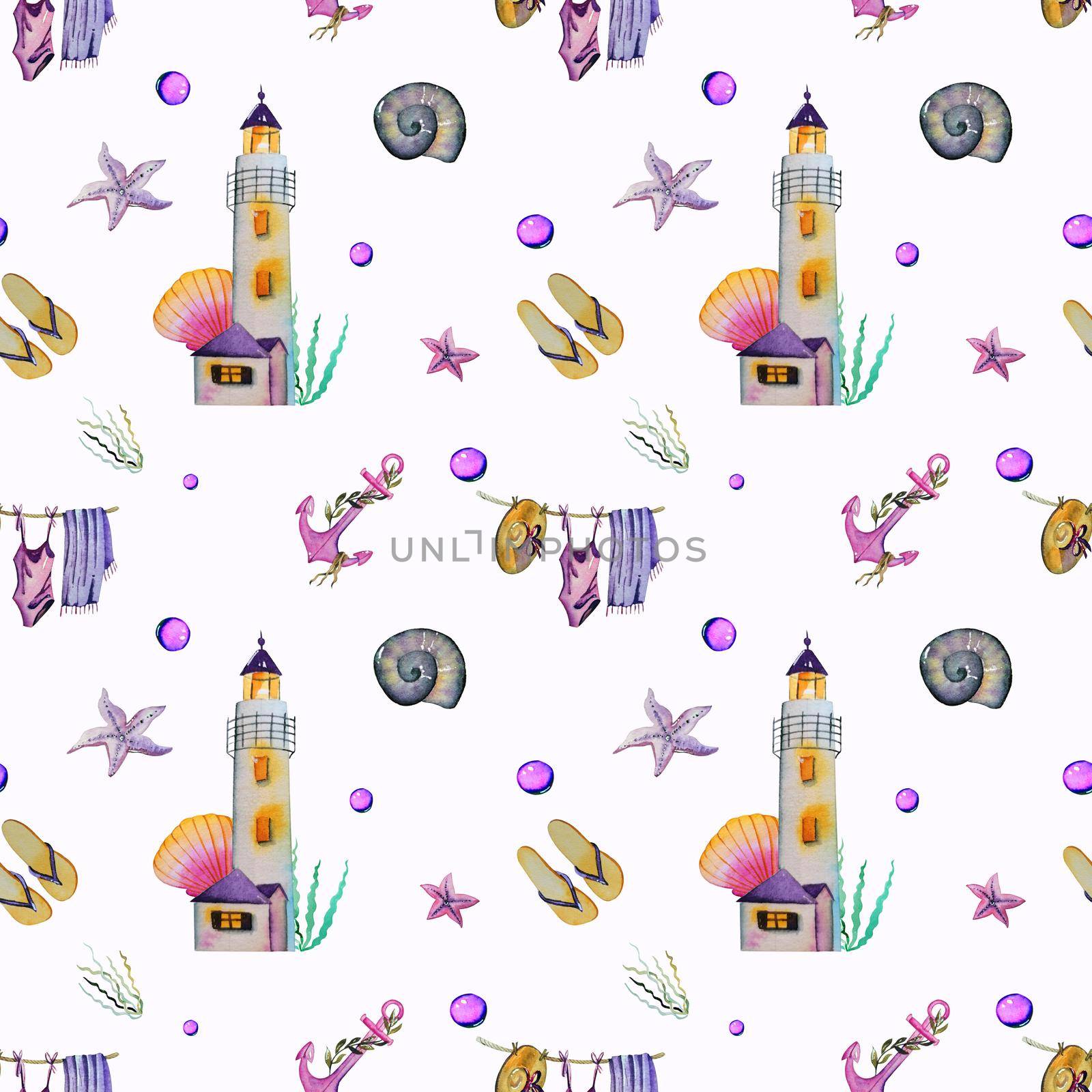 Nautical seamless pattern with lighthouse, lifebuoy, marine knot, letter in a bottle, starfish, shells and bubbles on wave blue background. Great for textile, wallpaper, fabric, wraping.