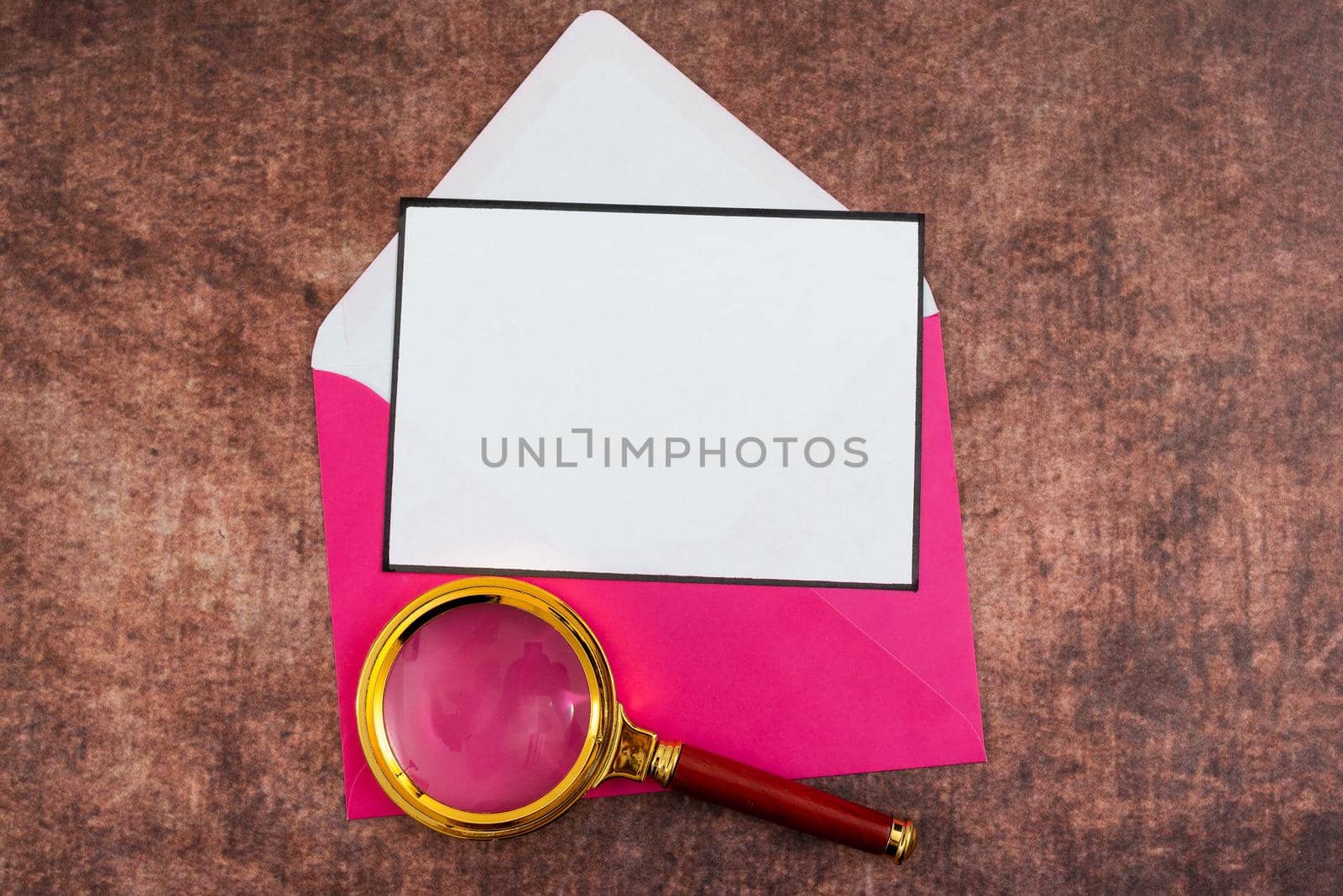 Letter With Envelope And Magnifying Glass Presenting Business Research.