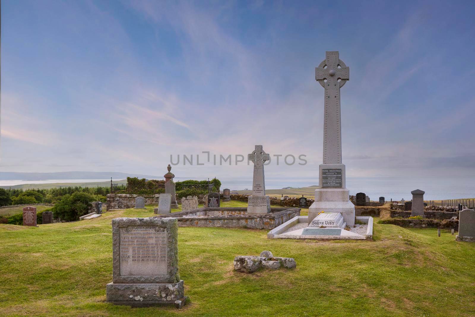 Graveyard with grave of knight Angus Martin near the Skye Museum of Island Life, Kilmuir, Scotland, UK