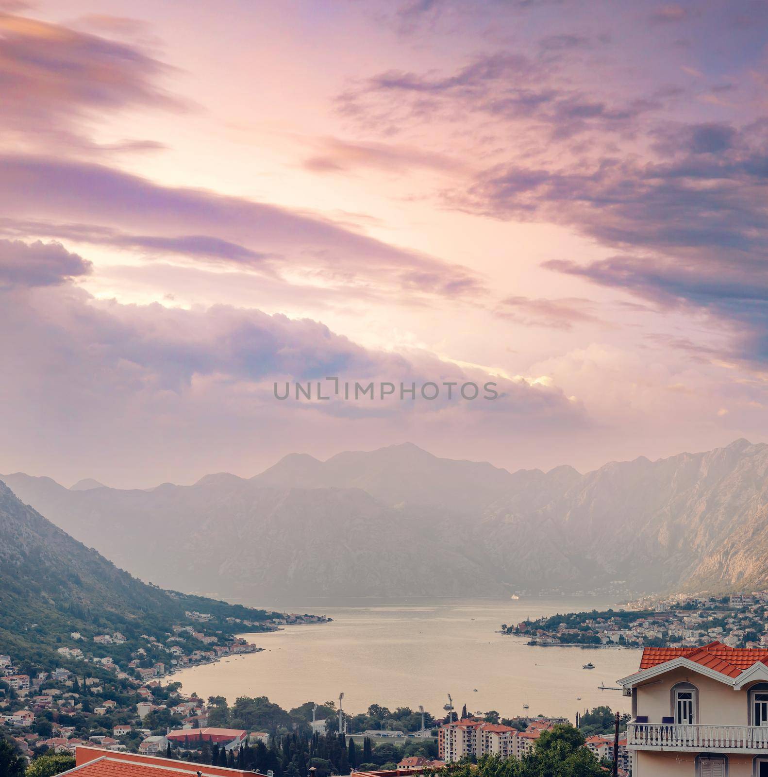 Sunset at Kotor Bay Montenegro. Sunset beautiful landscape. Travel concept. Montenegro, Kotor Bay. View of the sunset in Boko-Kotor Bay in Montenegro. by Andrii_Ko