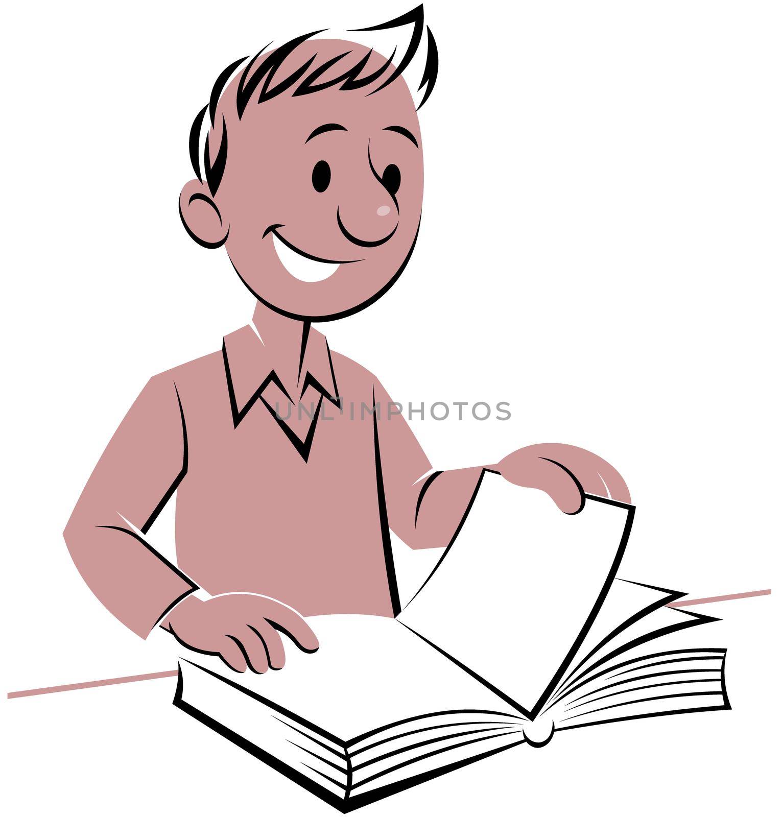 Color vector illustration of smiling man reading a book  isolated on white background.