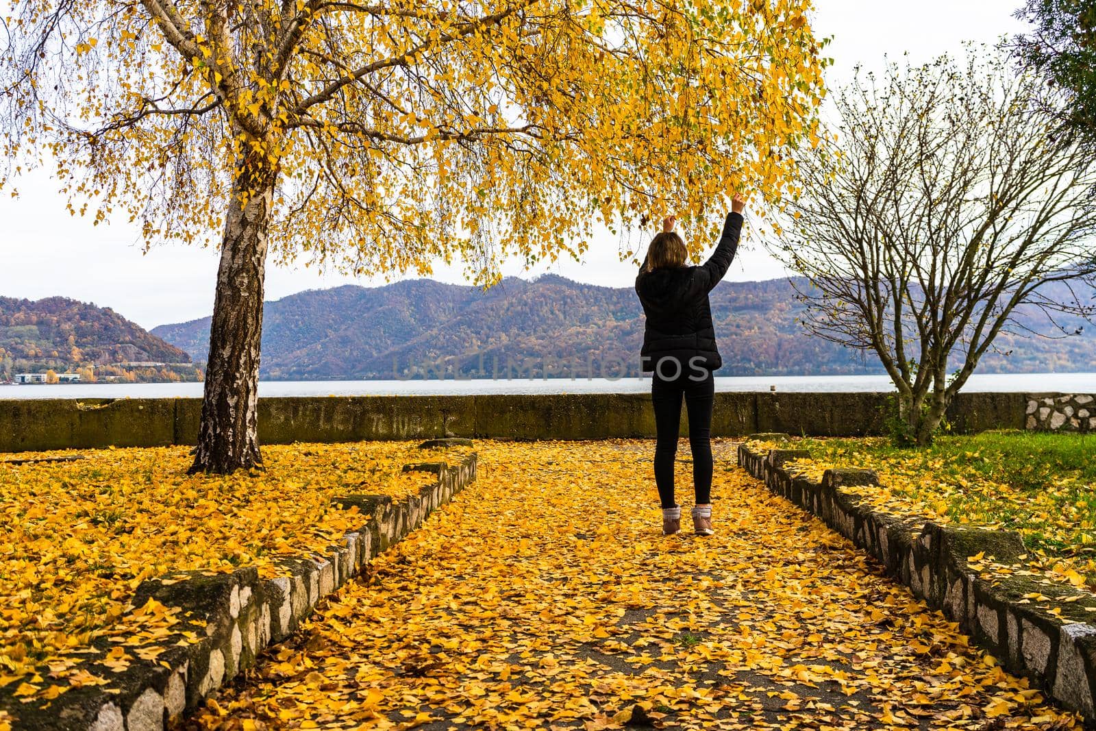 Autumn leaves fallen on alone woman walking on the autumn alley. Autumn landscape, orange foliage in a park in Orsova, Romania, 2020