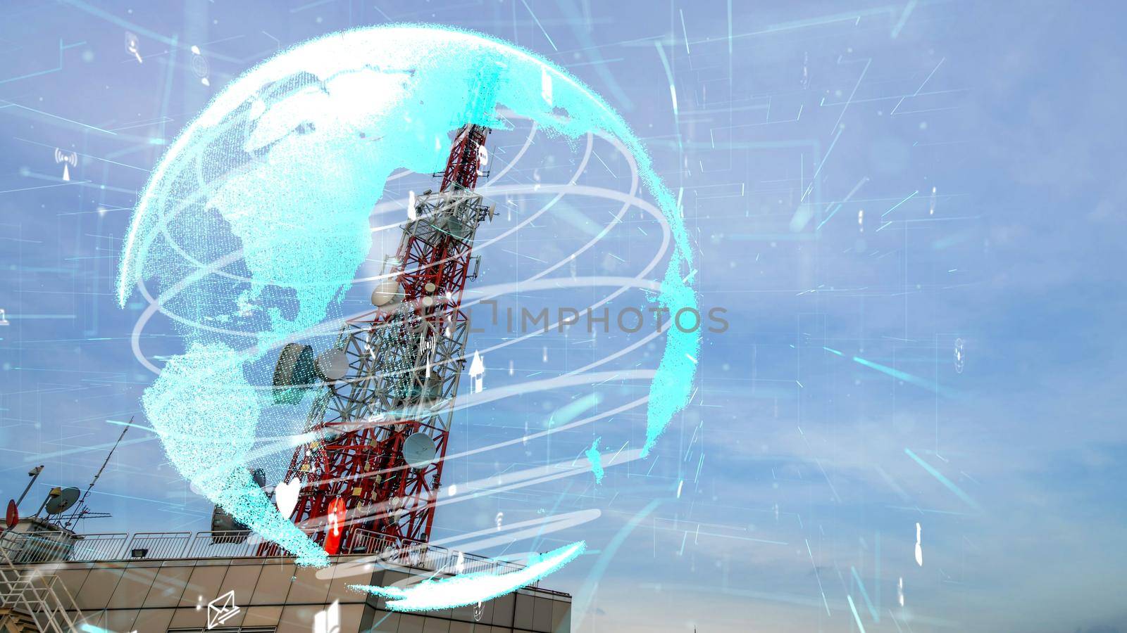 Telecommunication tower with 3D graphic of global business alteration by biancoblue