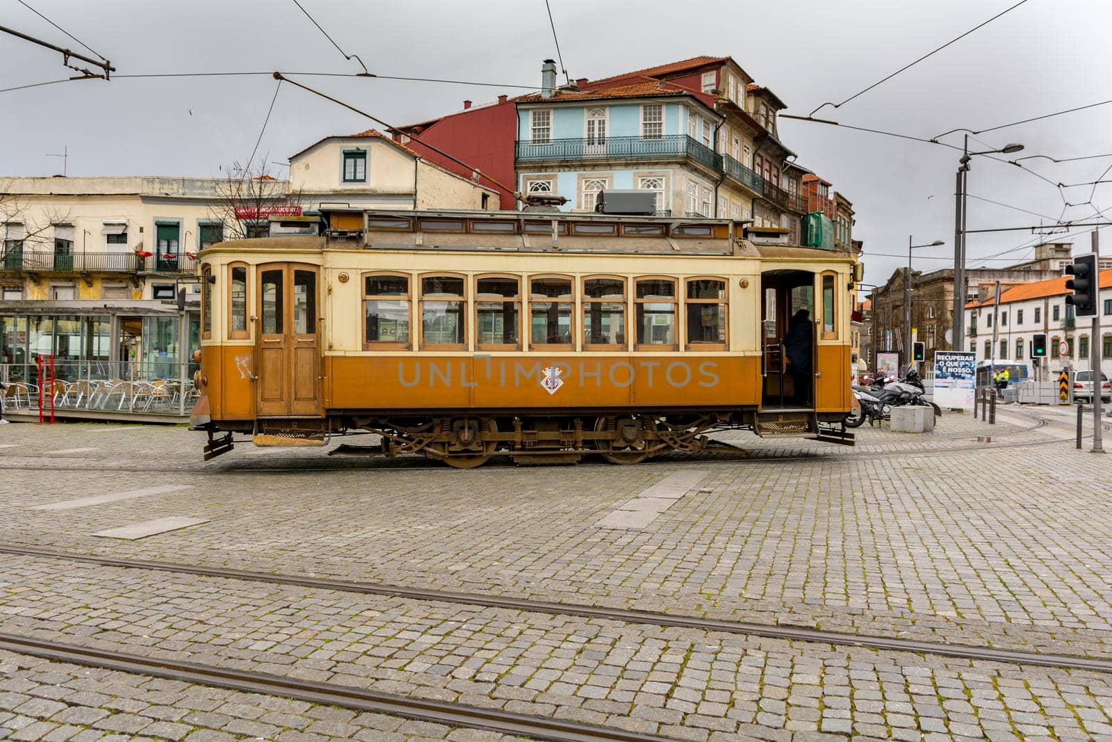 Porto,Portugal; 12/06/2016. Old tram of Porto in Parada Leitao square. Carmo Stop.