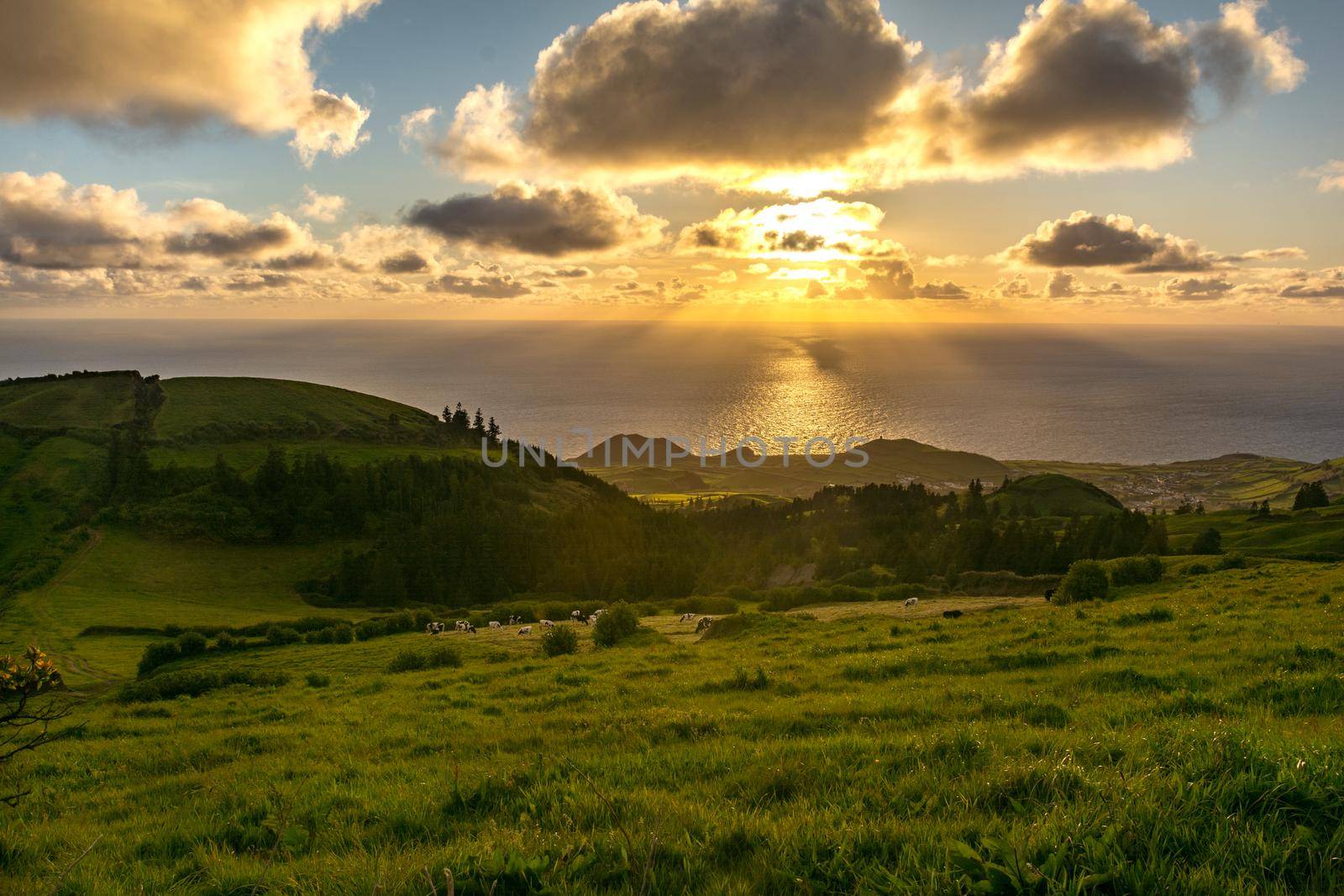 Miradouro da Vista do Rei - the famous viewpont in Sao Miguel island, Azores, Portugal towards lakes and Sete Cidades village on beautiful sunny day