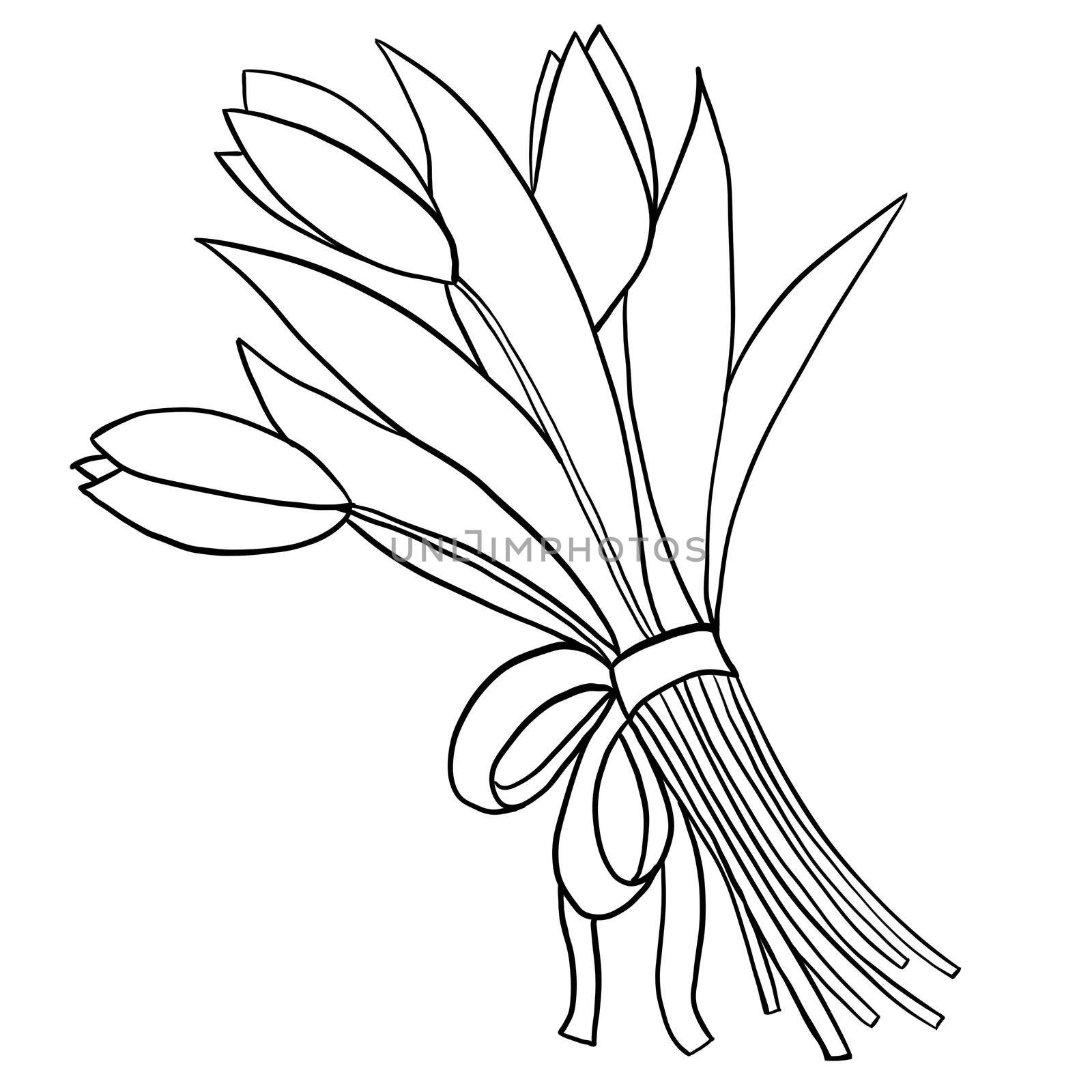 Hand drawn bunch tulips, floral flower leaves illustration, black white elegant wedding ornament, Line art minimalism tatoo style design summer spring nature branch foliage blossom. by Lagmar