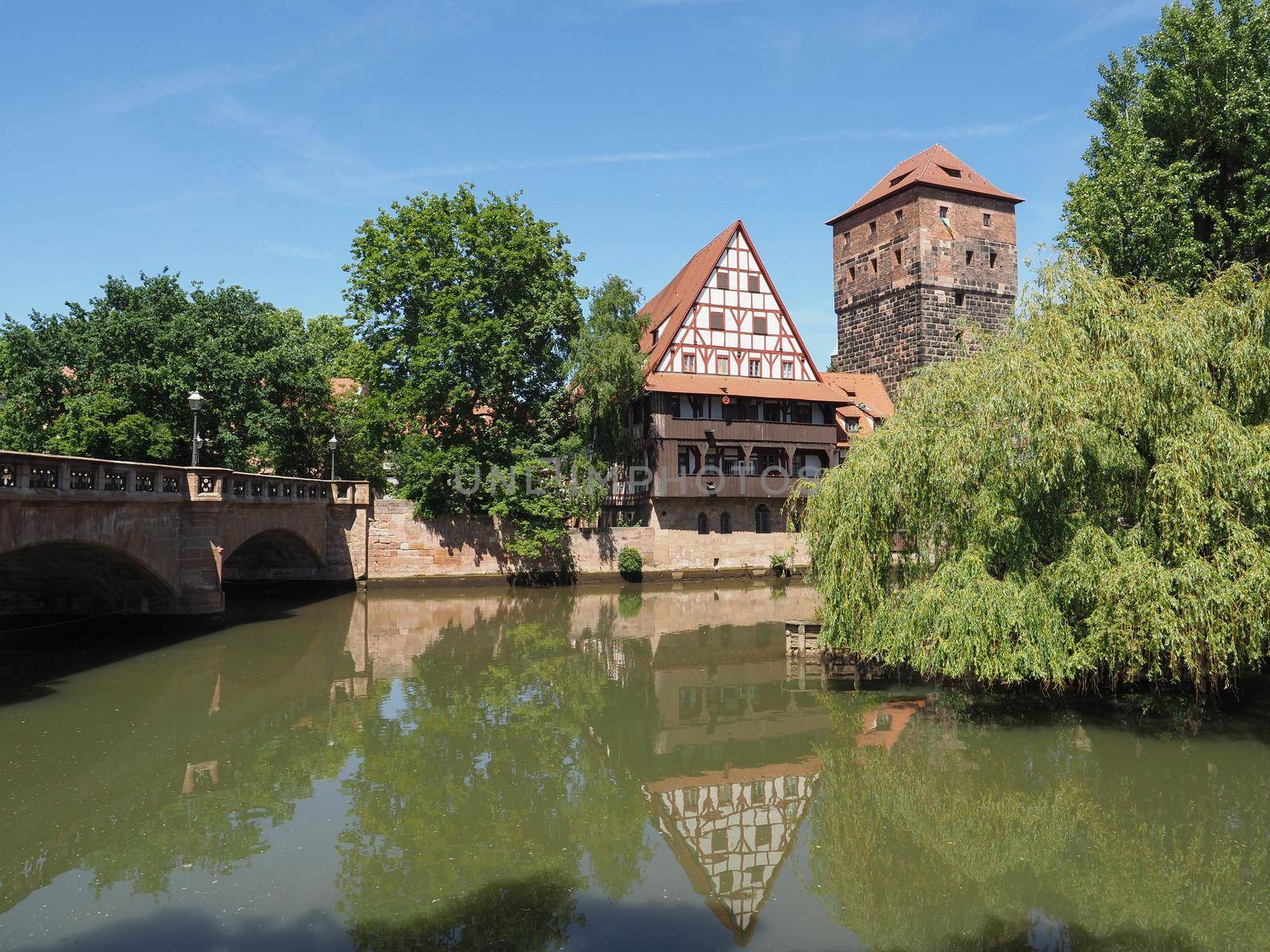 Weinstadel translation wine barn medieval building by river Pegnitz in Nuernberg, Germany