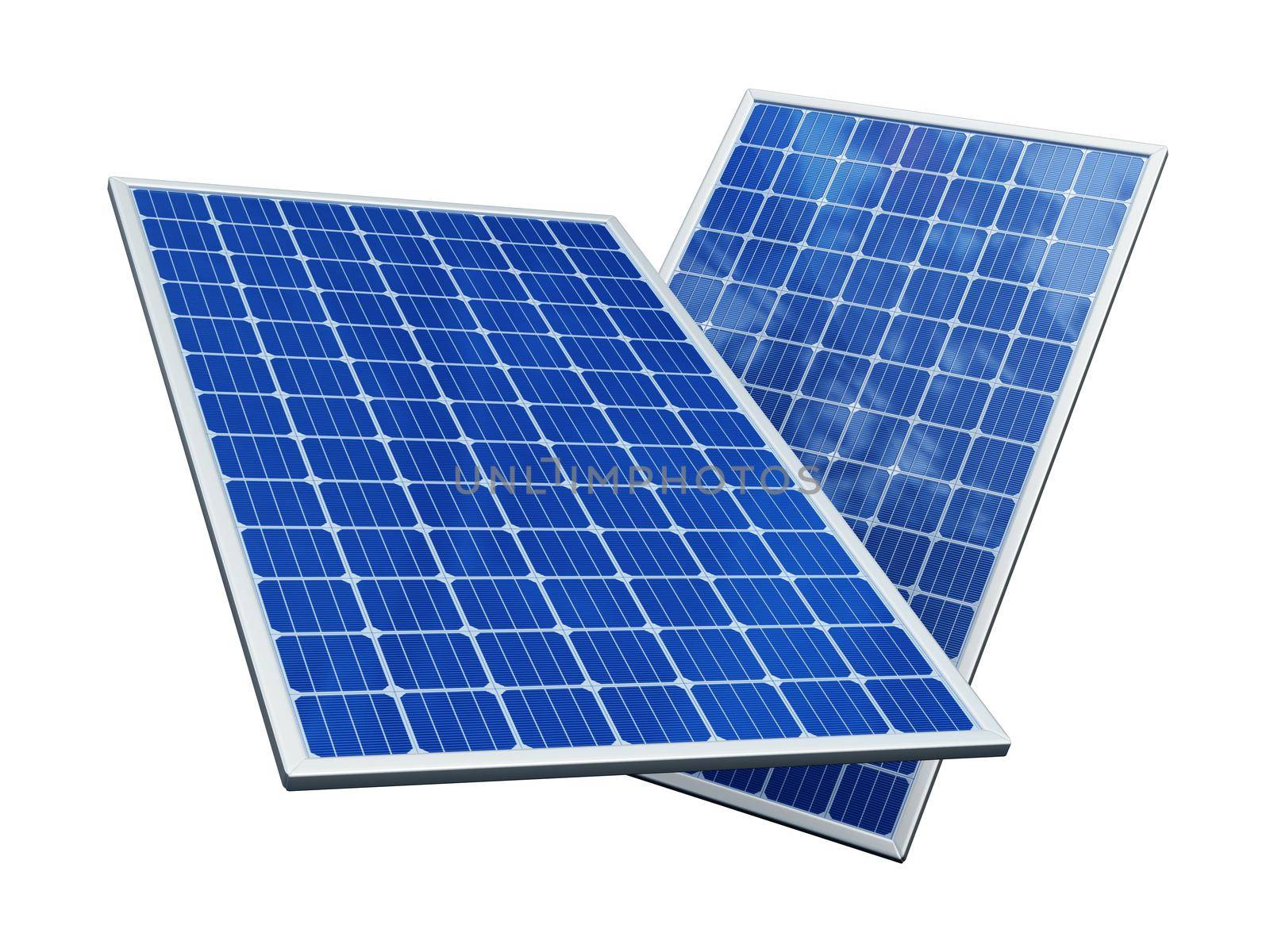 Photovoltaic solar panels isolated on white background. 3D illustration by Simsek