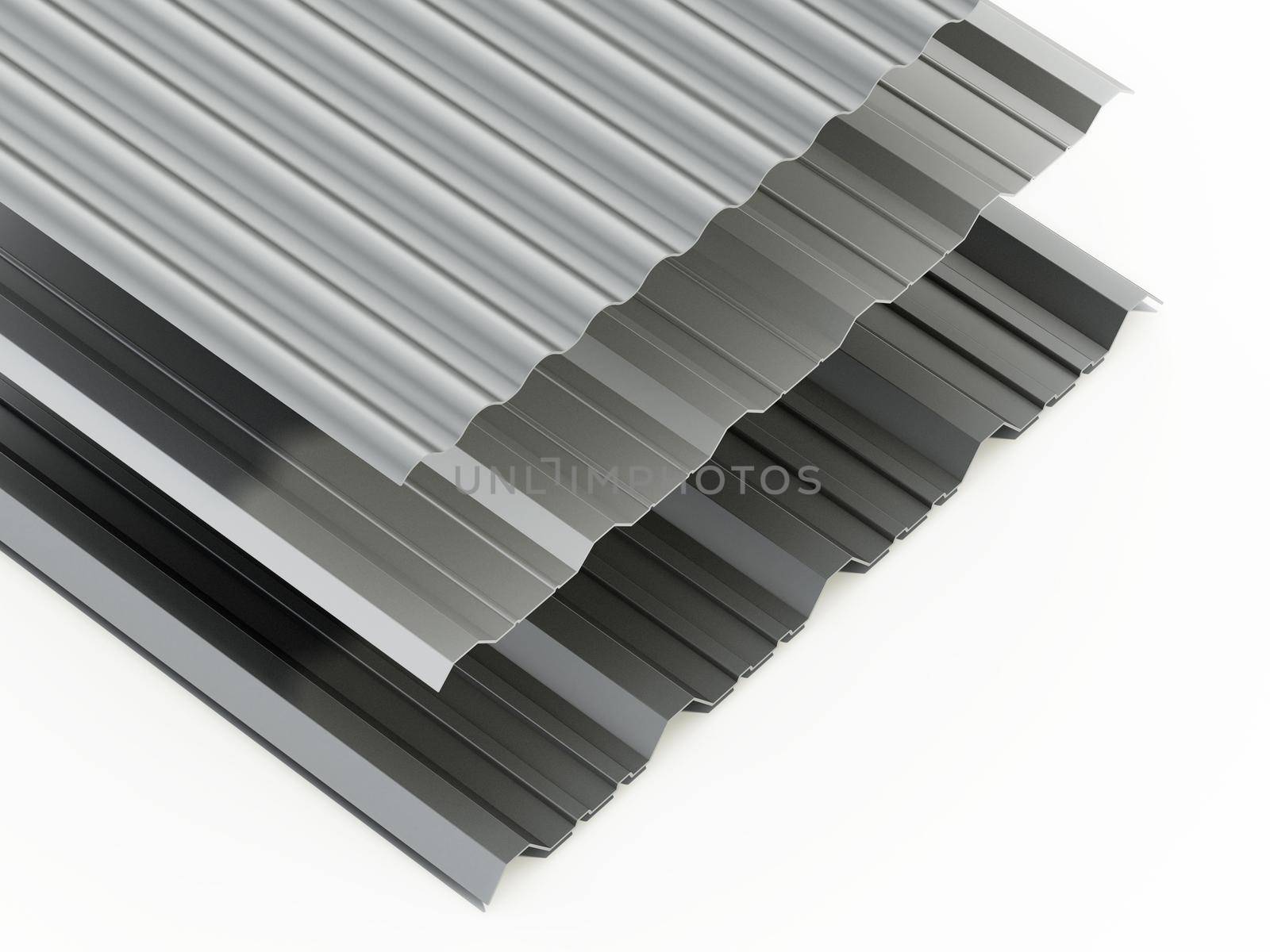 Corrugated metal sheets isolated on white background. 3D illustration by Simsek