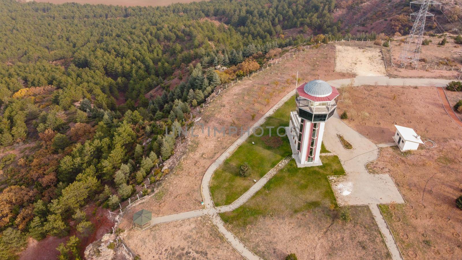 29 December 2020 Eskisehir Turkey. Scenery tower in Eskisehir city forest among the pine trees aerial drone view